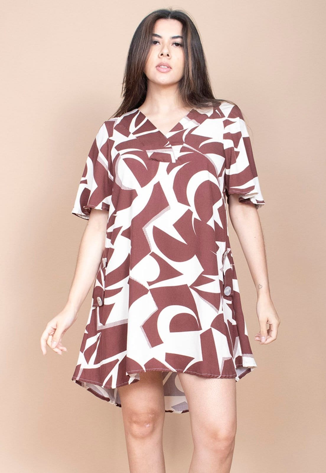 Vestido Curto Cabanafree Pataxô Viscose Mullet Decote V Raízes Marrom