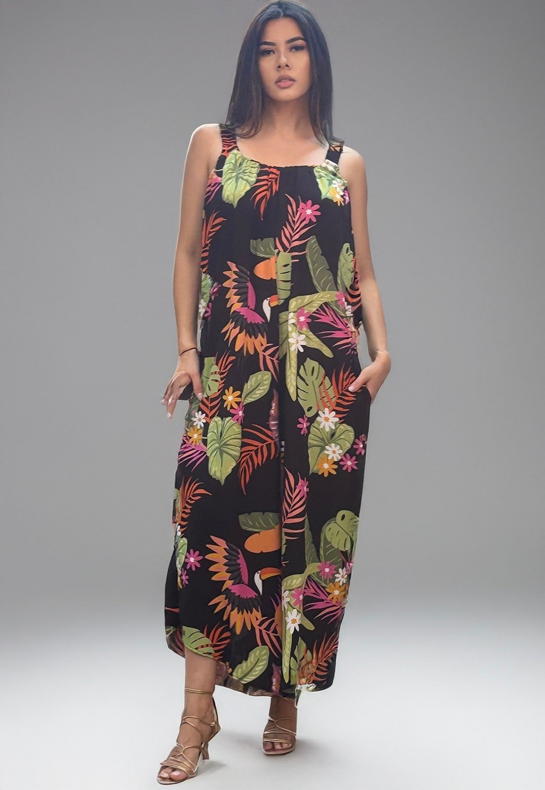 Imagem principal Macacão Amazonia Vital Saruel Viscose Alça com Elástico Estampa Noite Botânica Amazonia Vital estampado/laranja/rosa/verde