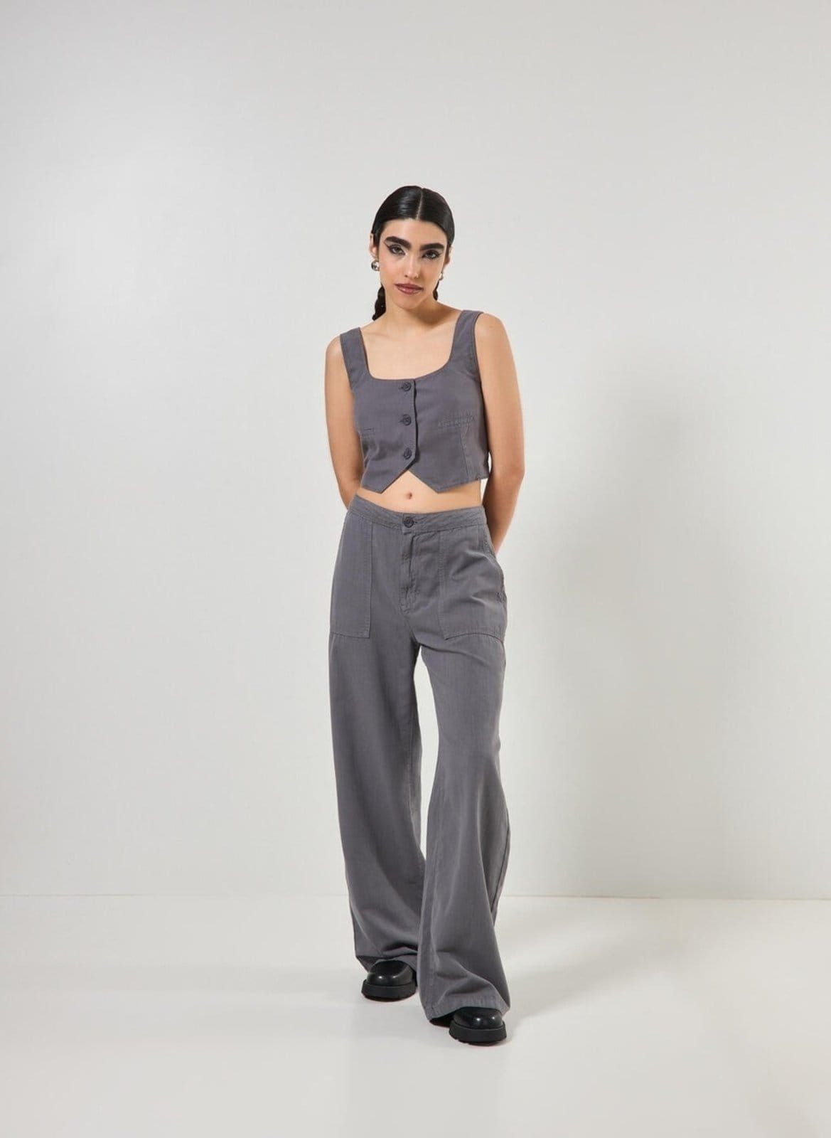 Calça Sarja Wide Leg Cinza Chumbo