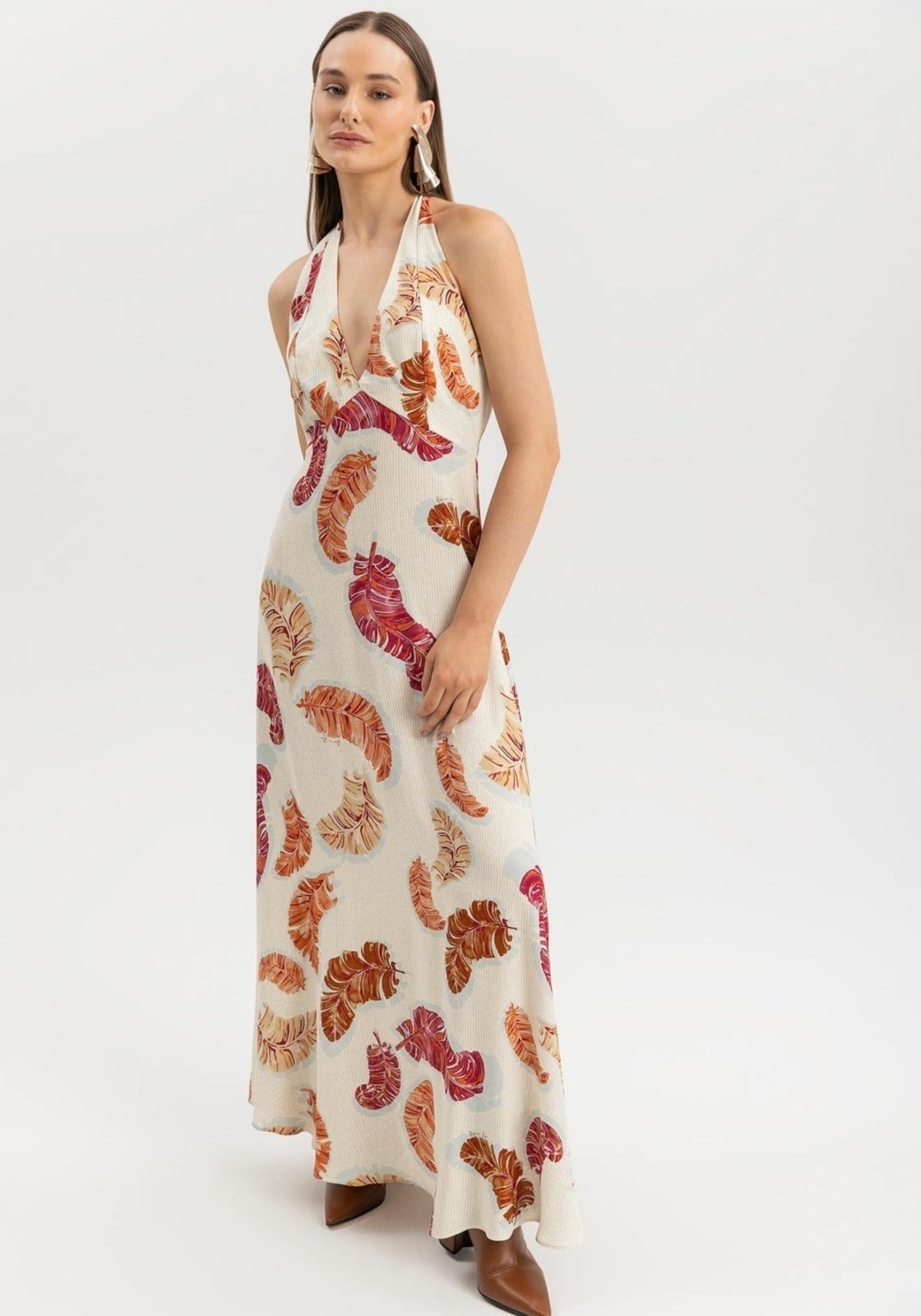 Vestido Lez a Lez Longo Estampado Frente Única Com Decote Em V