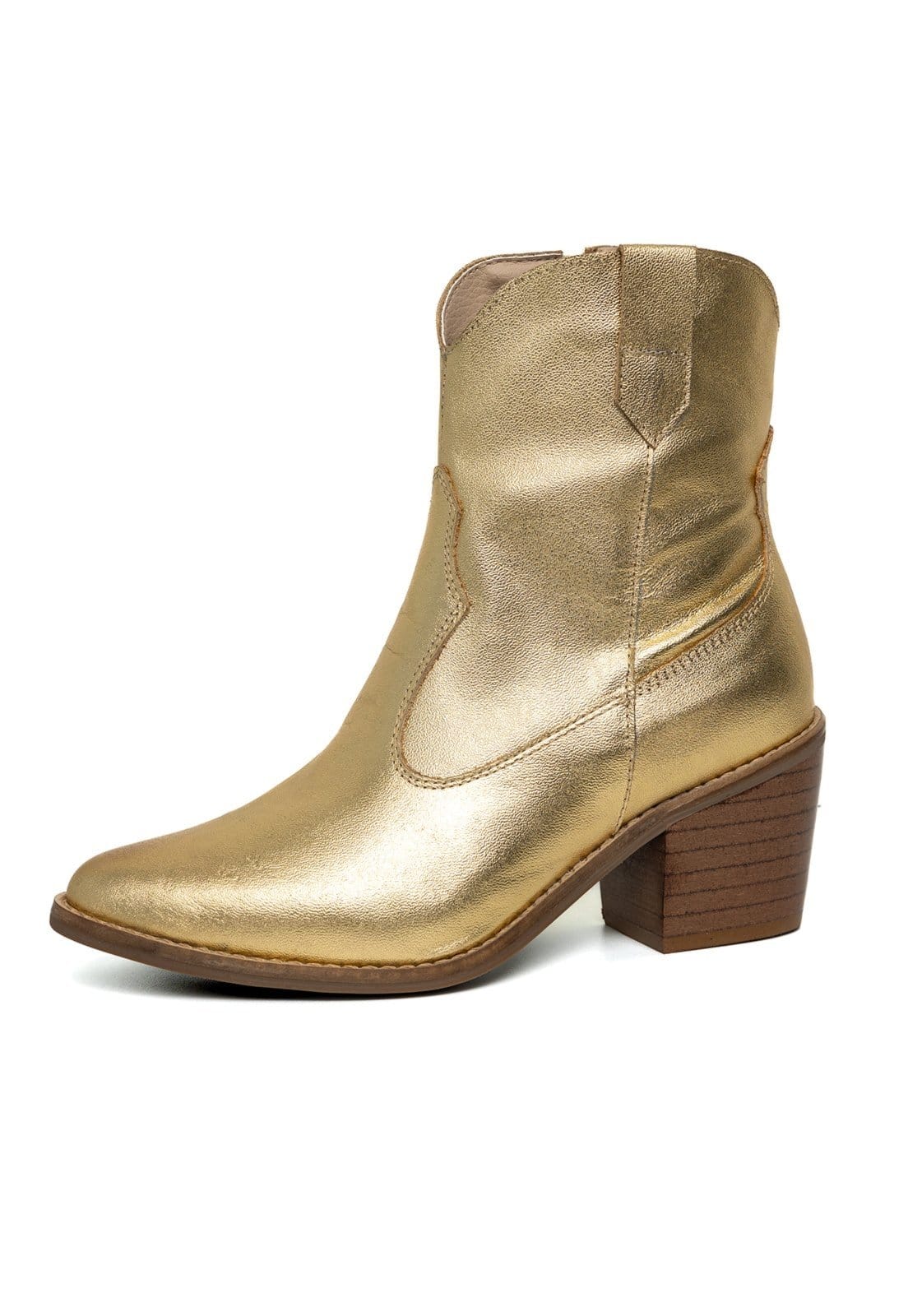 Bota Western Texana Bico Fino Cano Curto Country Couro Metalizado Ouro
