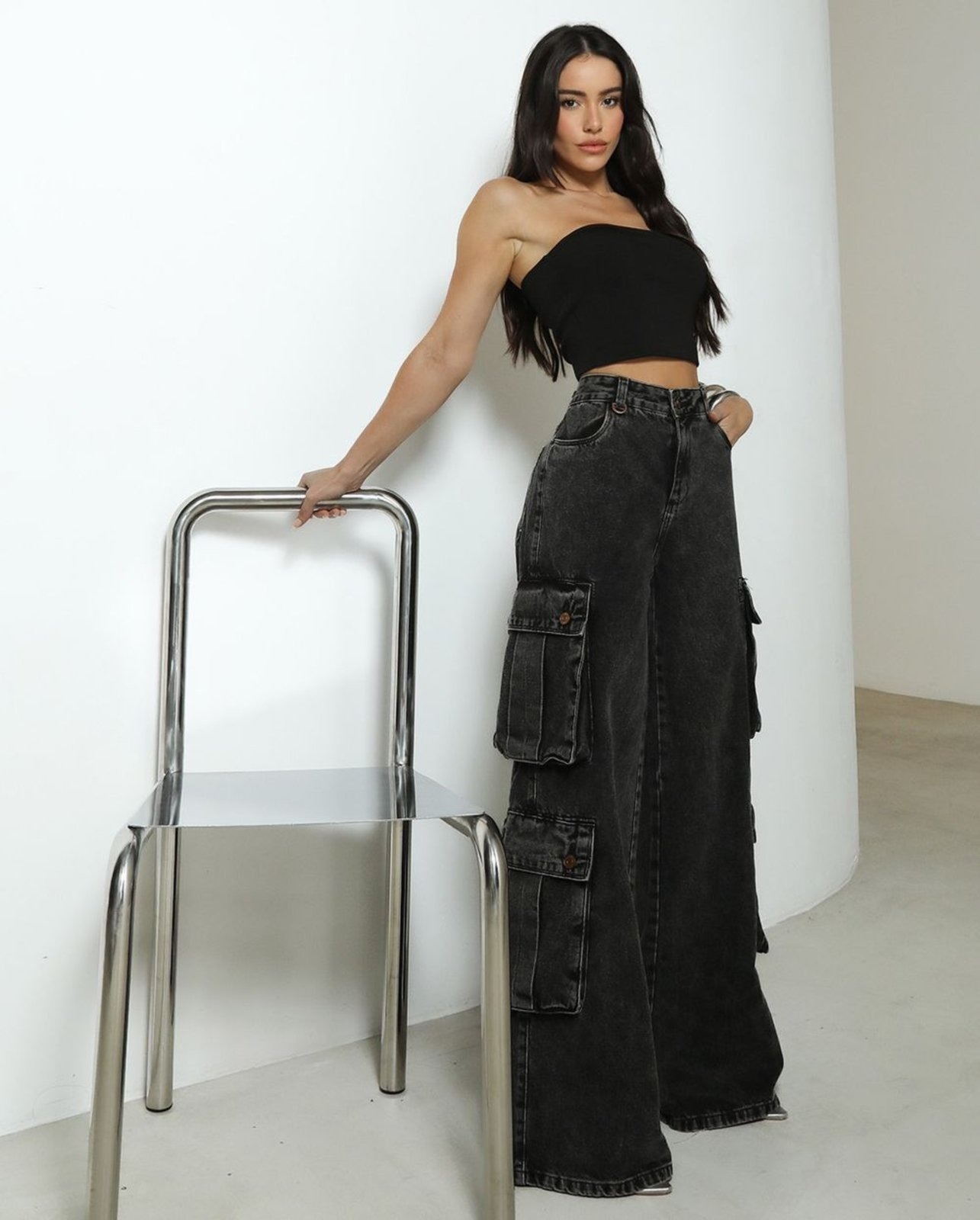 Imagem principal Calça Jeans Wide Leg Feminina Relaxed Cargo 24805 Vintage Consciência cinza