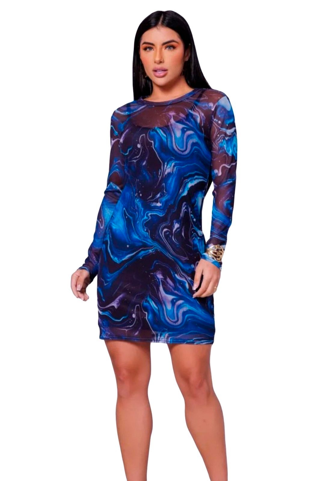 Imagem principal Vestido Tule Ywc ind Curto Manga Longa 2em1 Estampados Diversos Estampa azul YWC ind estampado azul