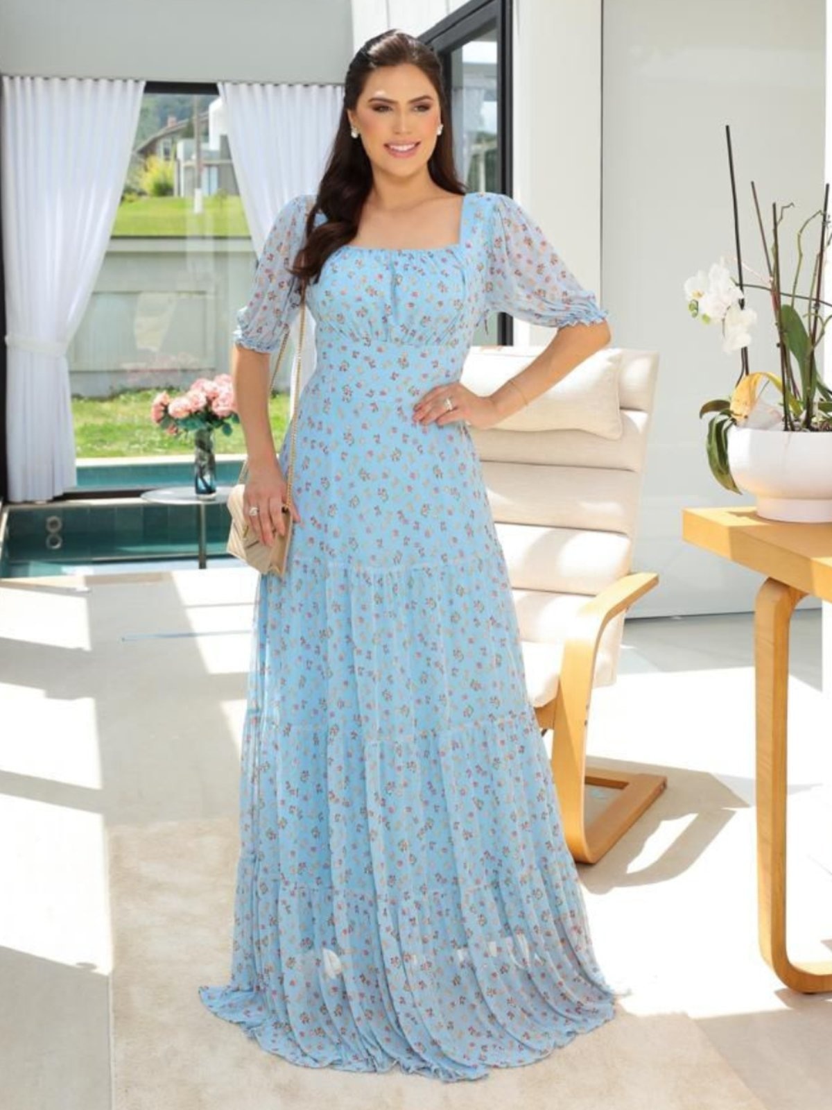 Imagem principal Vestido Feminino Longo Rodado em Tule Estampado Manga Princesa Moda Evangélica Azul Sarah Cristina Brand azul marinho