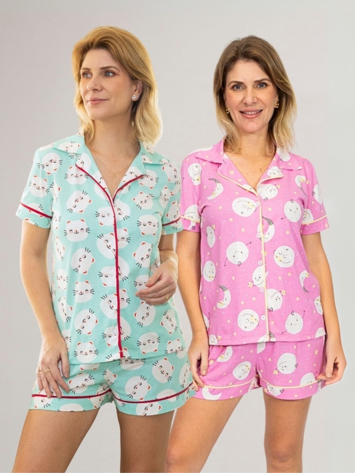 Imagem principal KIT Pijama Americano Curto Gatinhos + Pijama Americano Curto Lua Rosa Piante verde