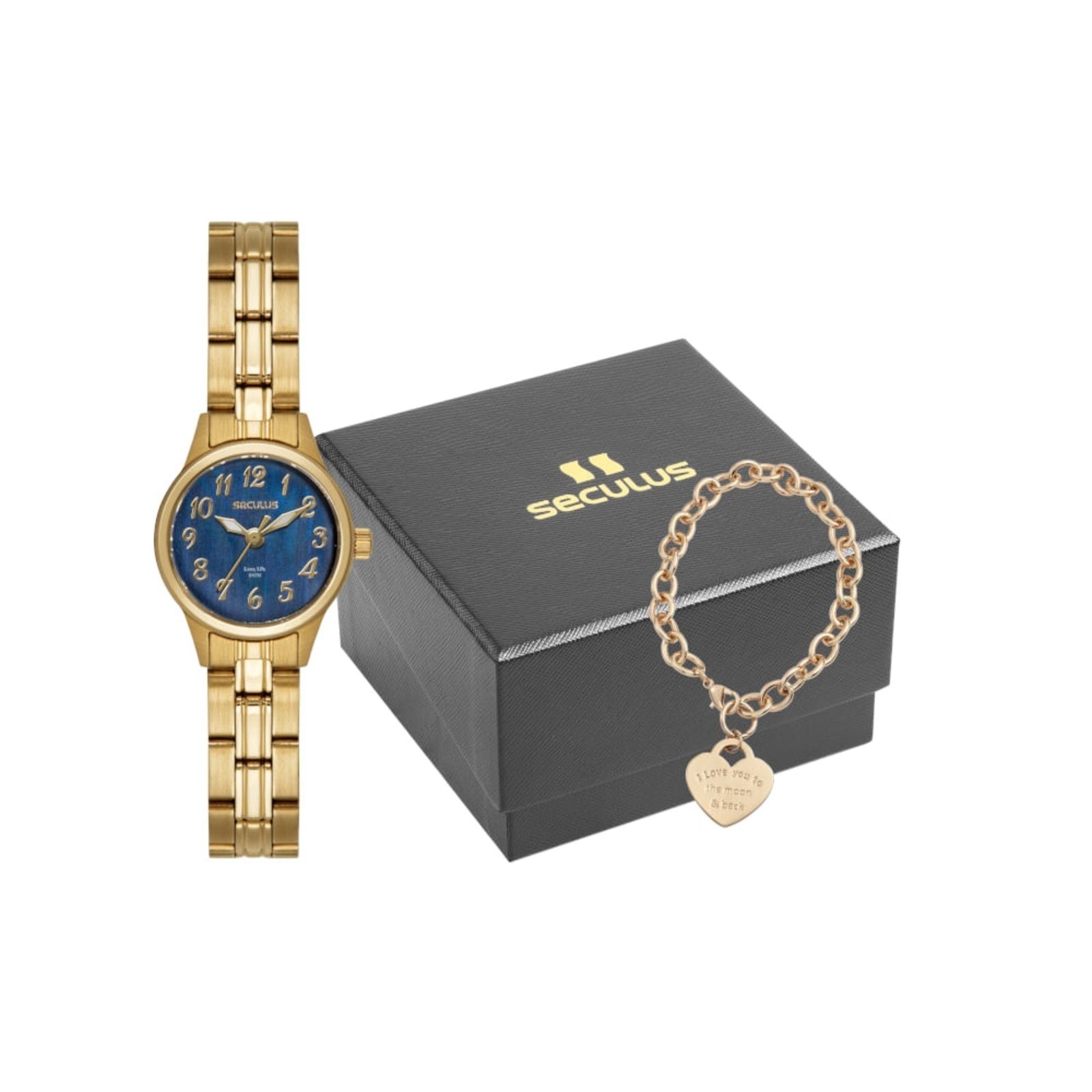 Imagem principal Kit Relógio Seculus Feminino Madrepérola Pulseira Coração Seculus dourado