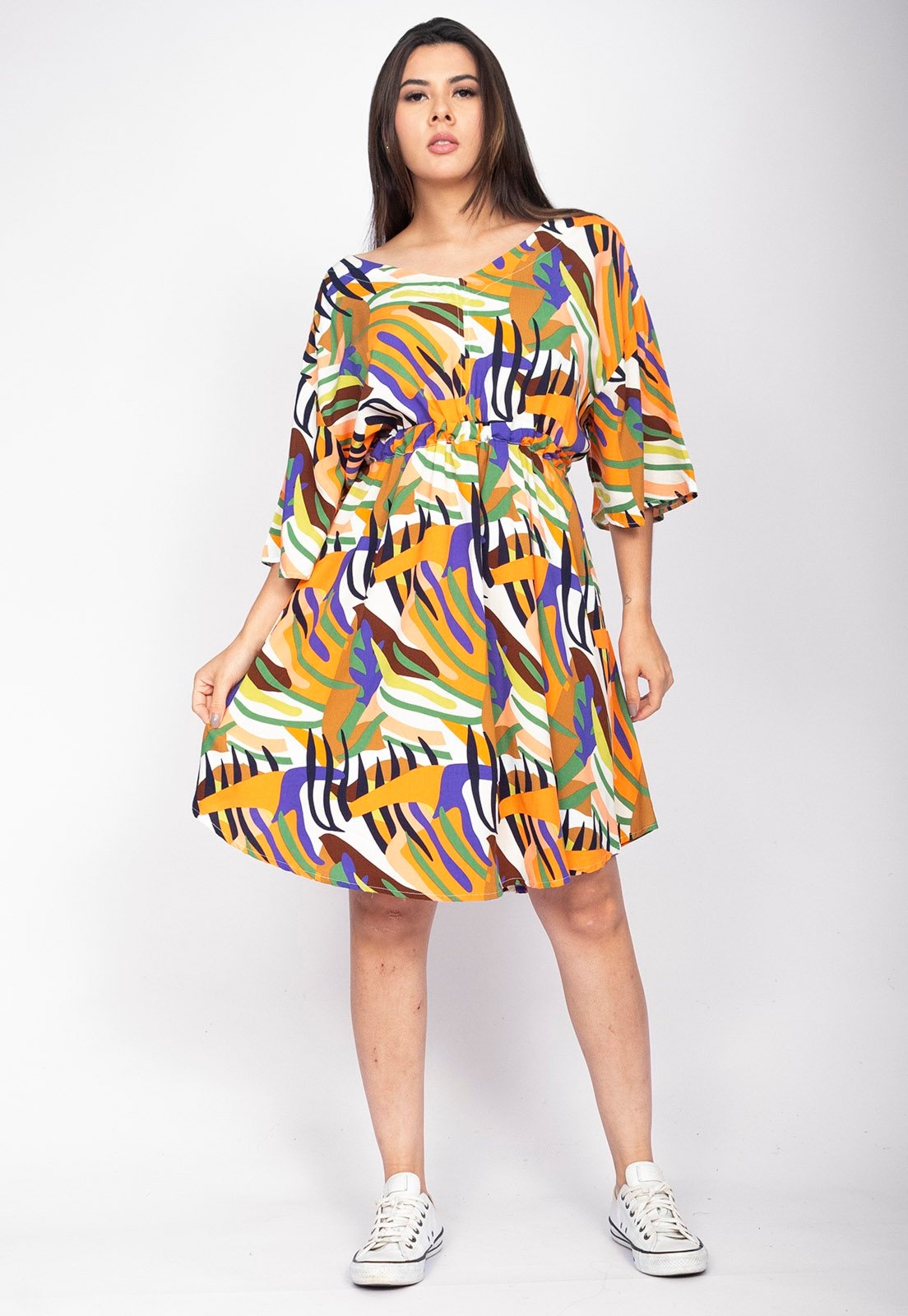 Imagem principal Vestido Curto CabanaFree Caaxixá Viscose com Cordão na Cintura Estampa Cores Vibrantes Cabanafree azul/estampado/laranja