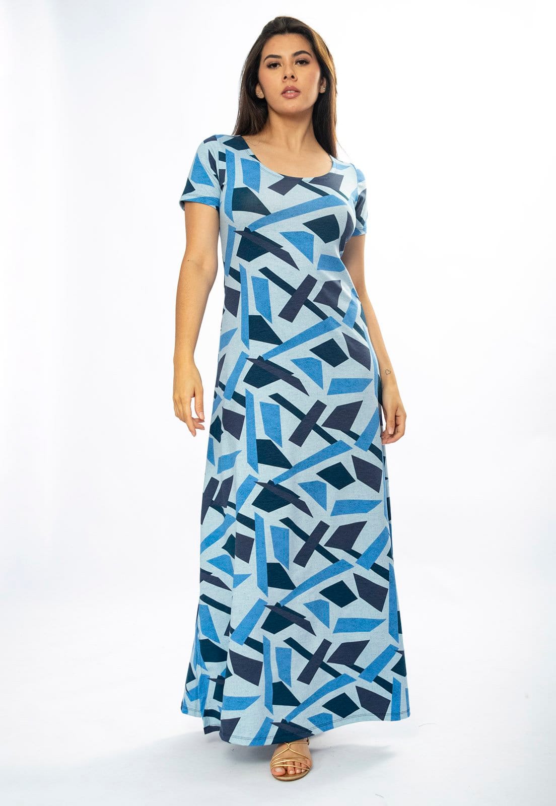 Vestido Longo Amazônia Vital Malha Gola Canoa Manga Curta Caminhos de Azul