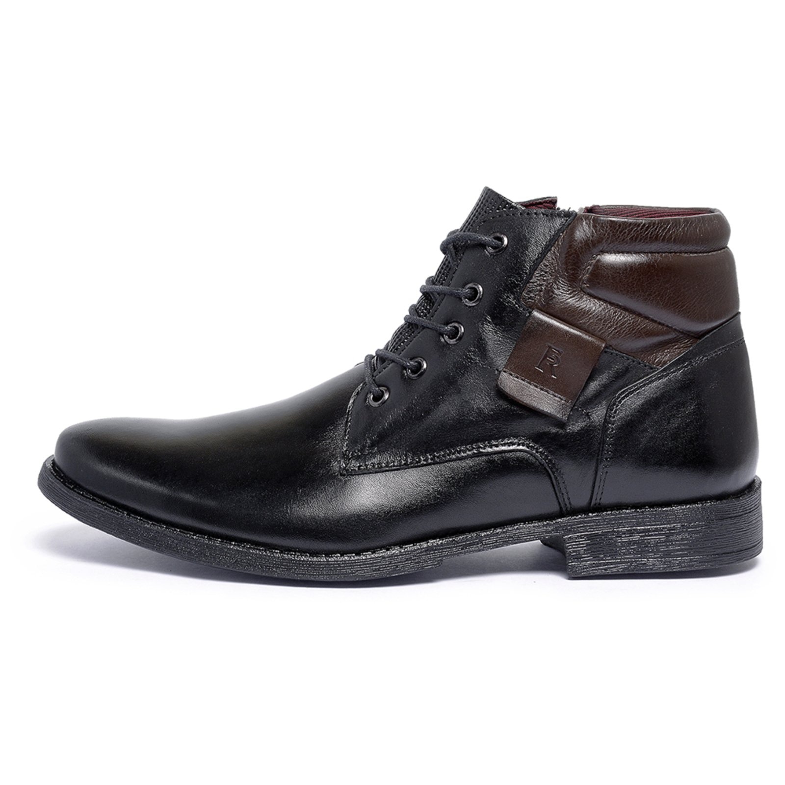 Imagem principal Bota Botina Coturno Ferrile em Couro Bico Redondo Zíper Preta e Marrom Ferrile preto