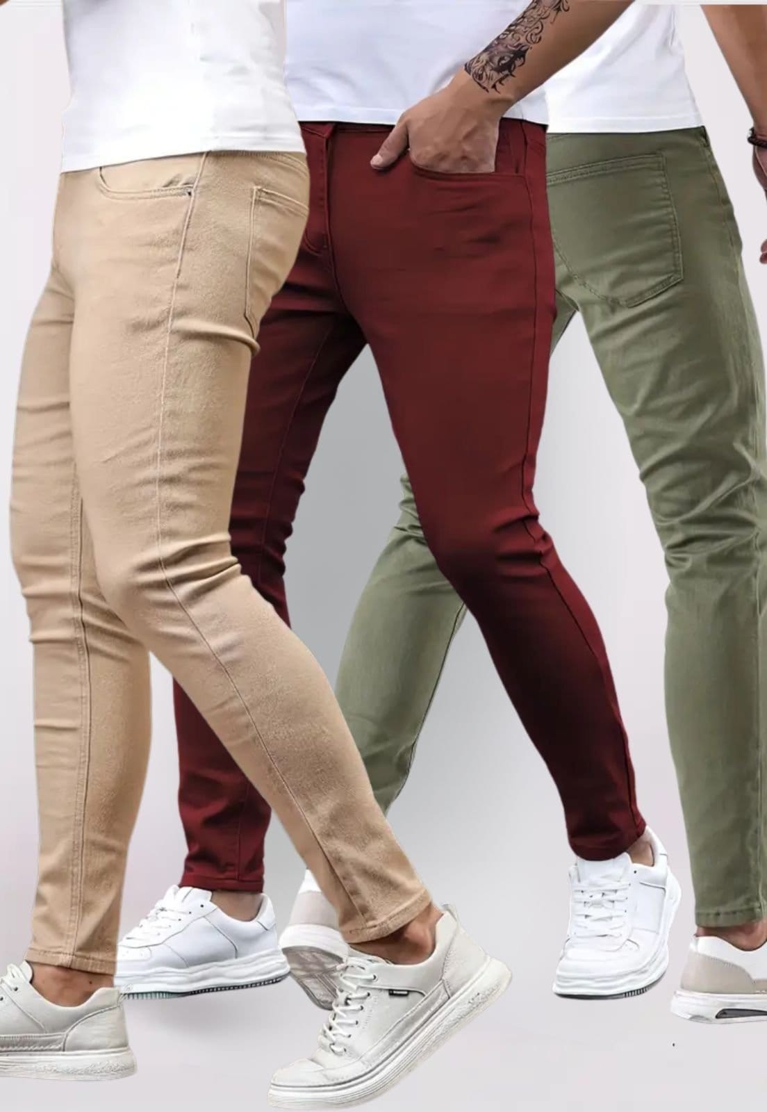 Kit 3 Calças Masculinas de Sarja 5 Estilos Corte Tradicional Bege, Vinho e