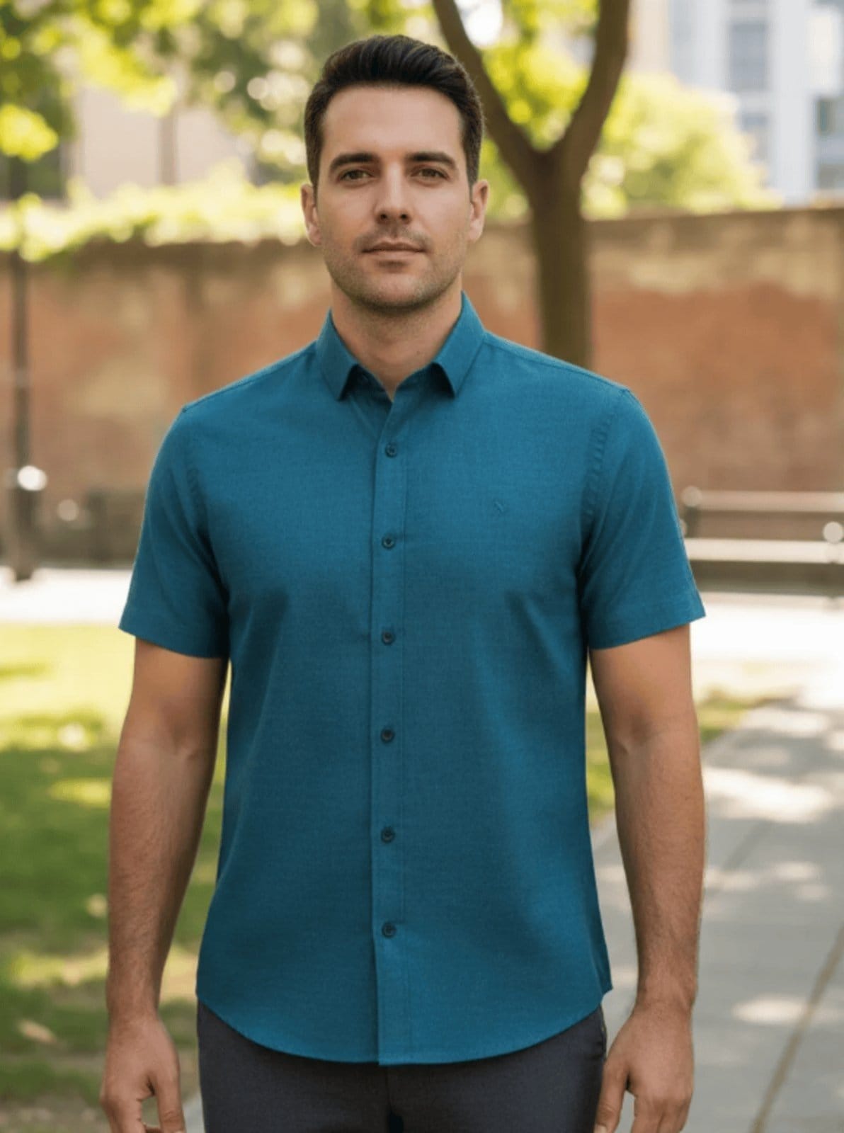 Camisa Social Amil Comfort Wait Algodão com Poliéster Mesclado Manga Curta Luxo Petróleo