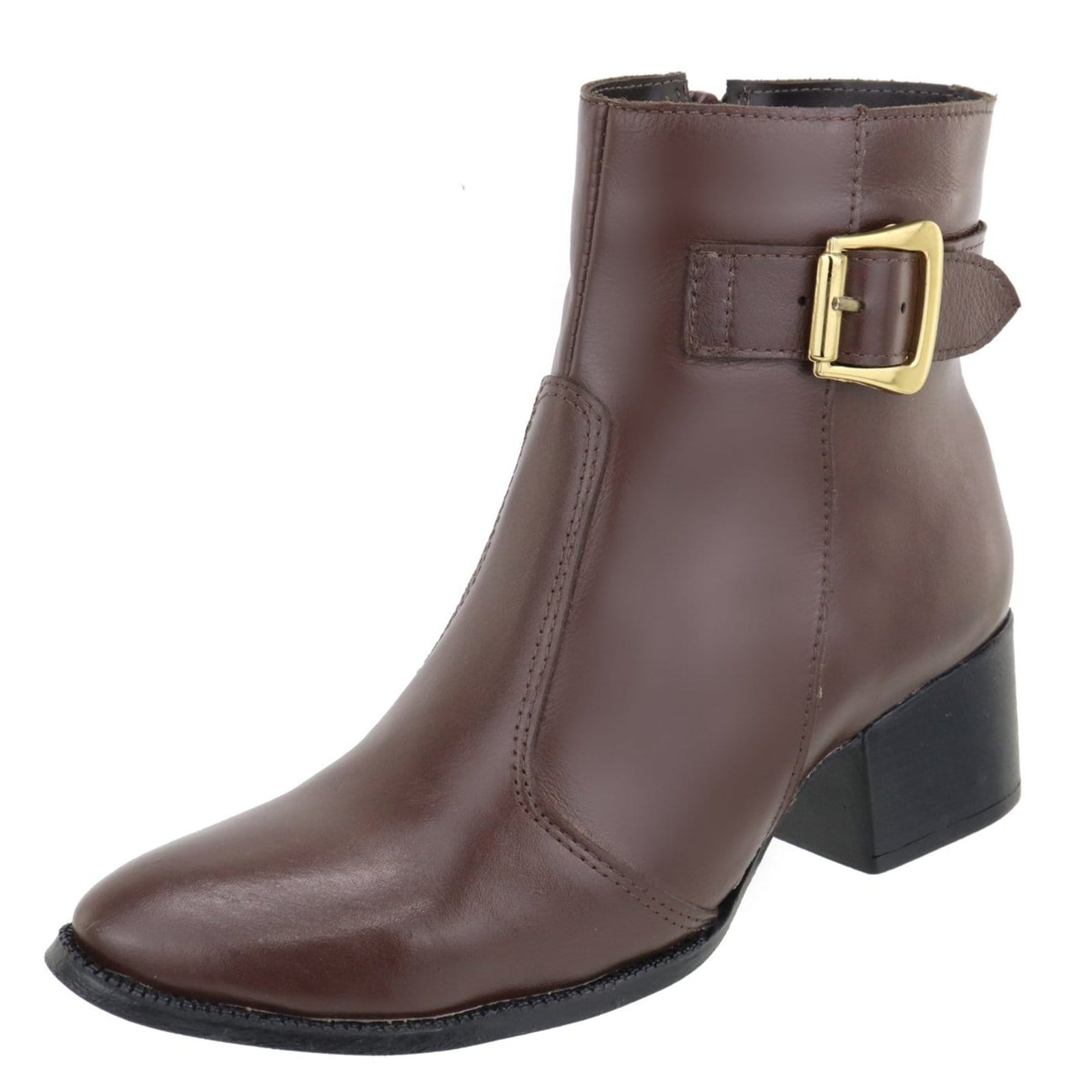 Bota em Couro Feminina Salto Cano Baixo Fivela Bico Fino Chocolate