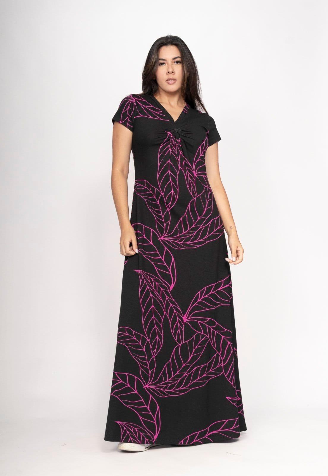 Vestido CabanaFree Coema Longo Malha Detalhe no Busto Estampa Antúrios Lilás