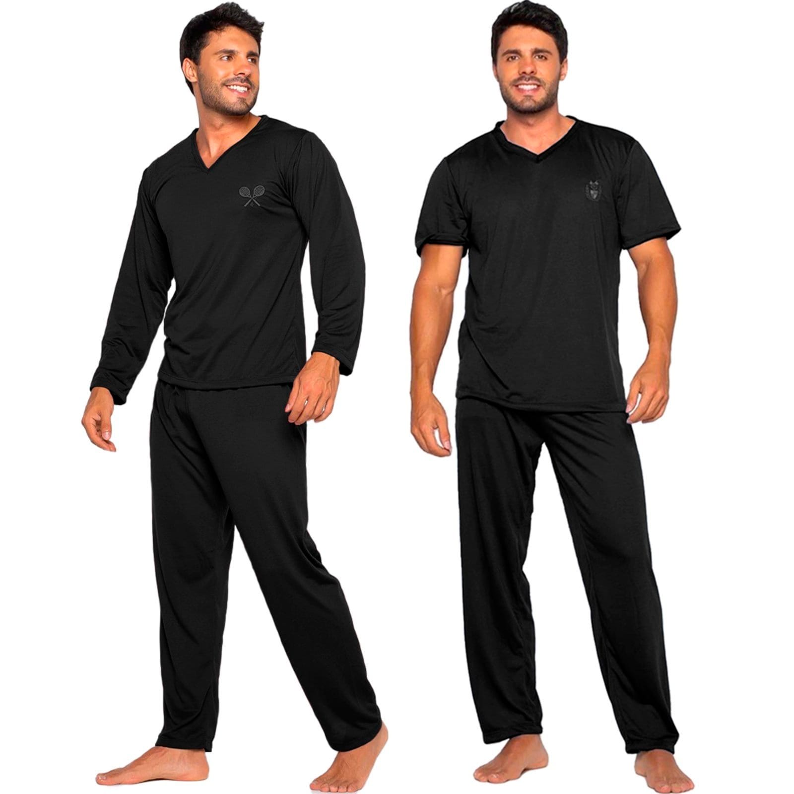 Kit Trajes de Dormir Gabi Lingerie Lisos Poliéster Pijama Masculino Conforto Manga Curta e Manga Longa