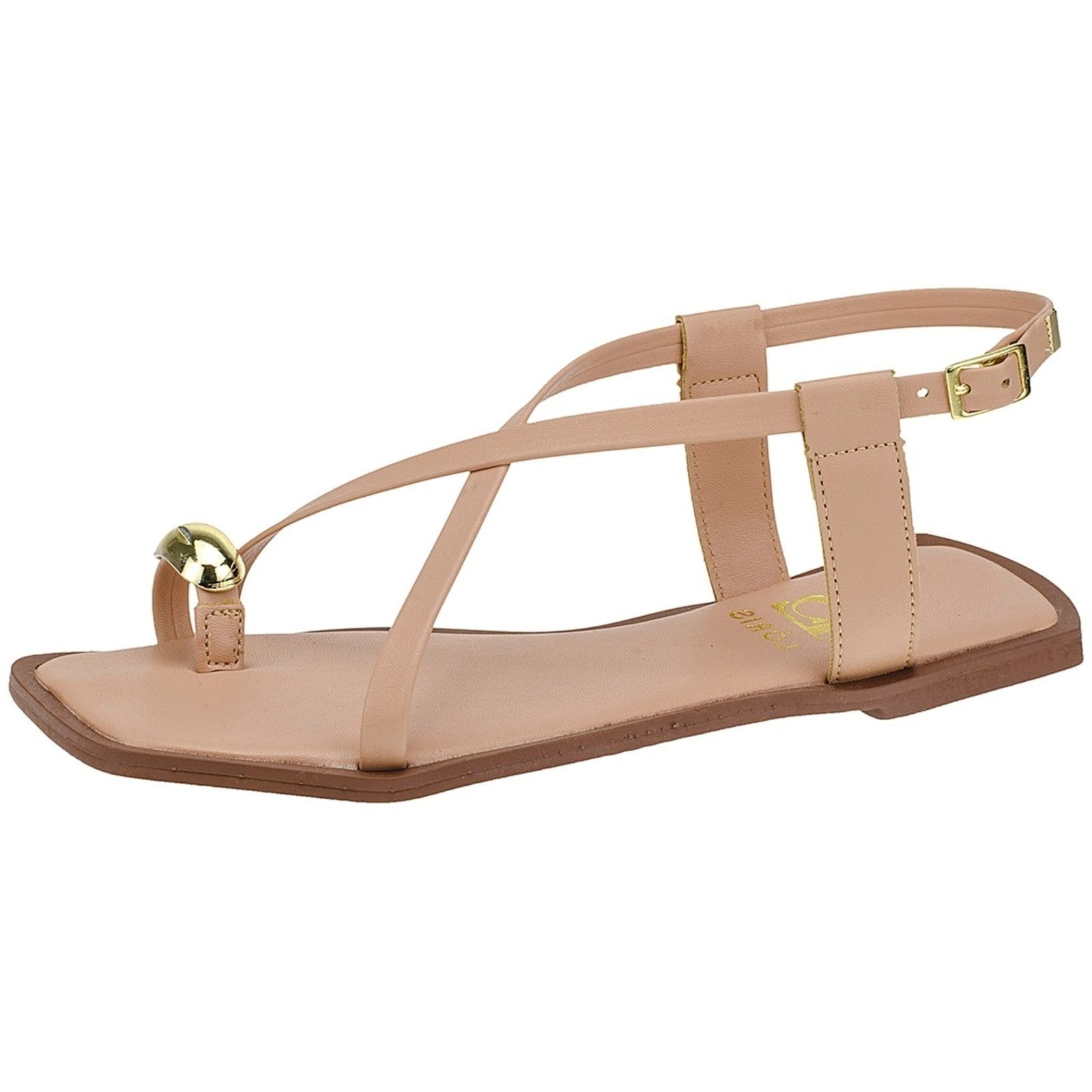 Sandália Rasteira de Tiras Lóris Shoes com Enfeite ABS Dourado Confortável Rasteirinha 3988