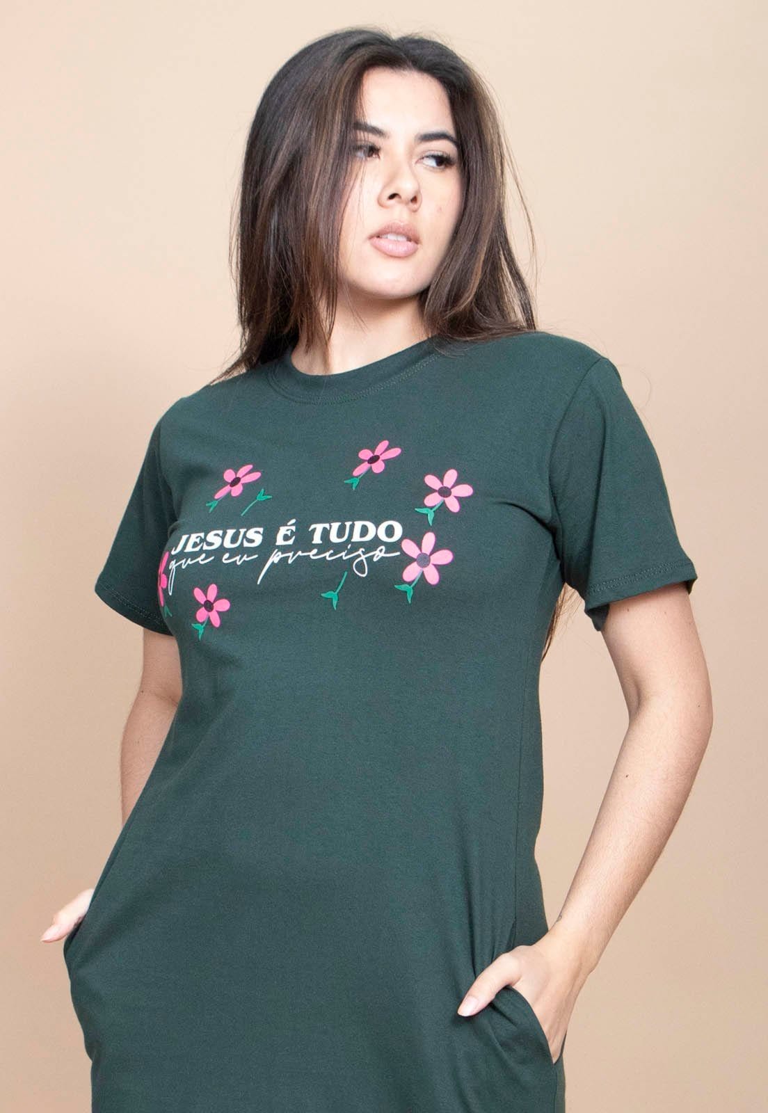 Vestido Cabanafree Midi Algodão Manga Curta Moda Evangélica Verde