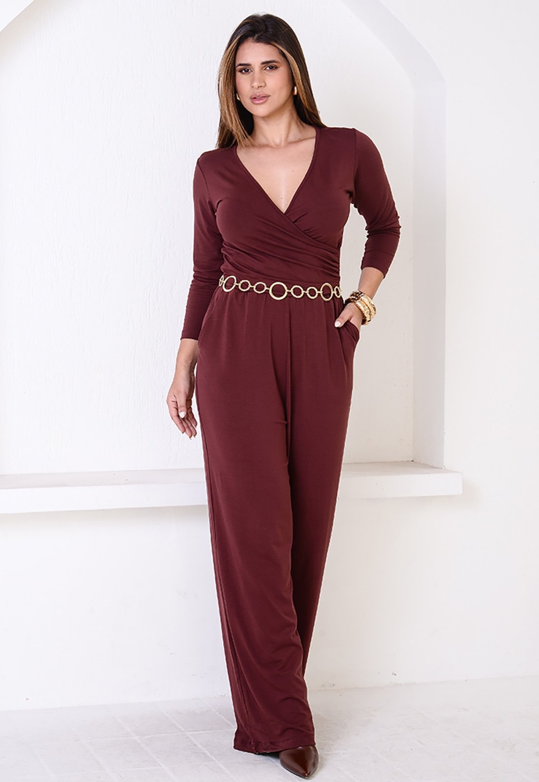 Imagem principal Macacão Pantalona Decote Transpassado BBonnie Florence BBonnie marrom