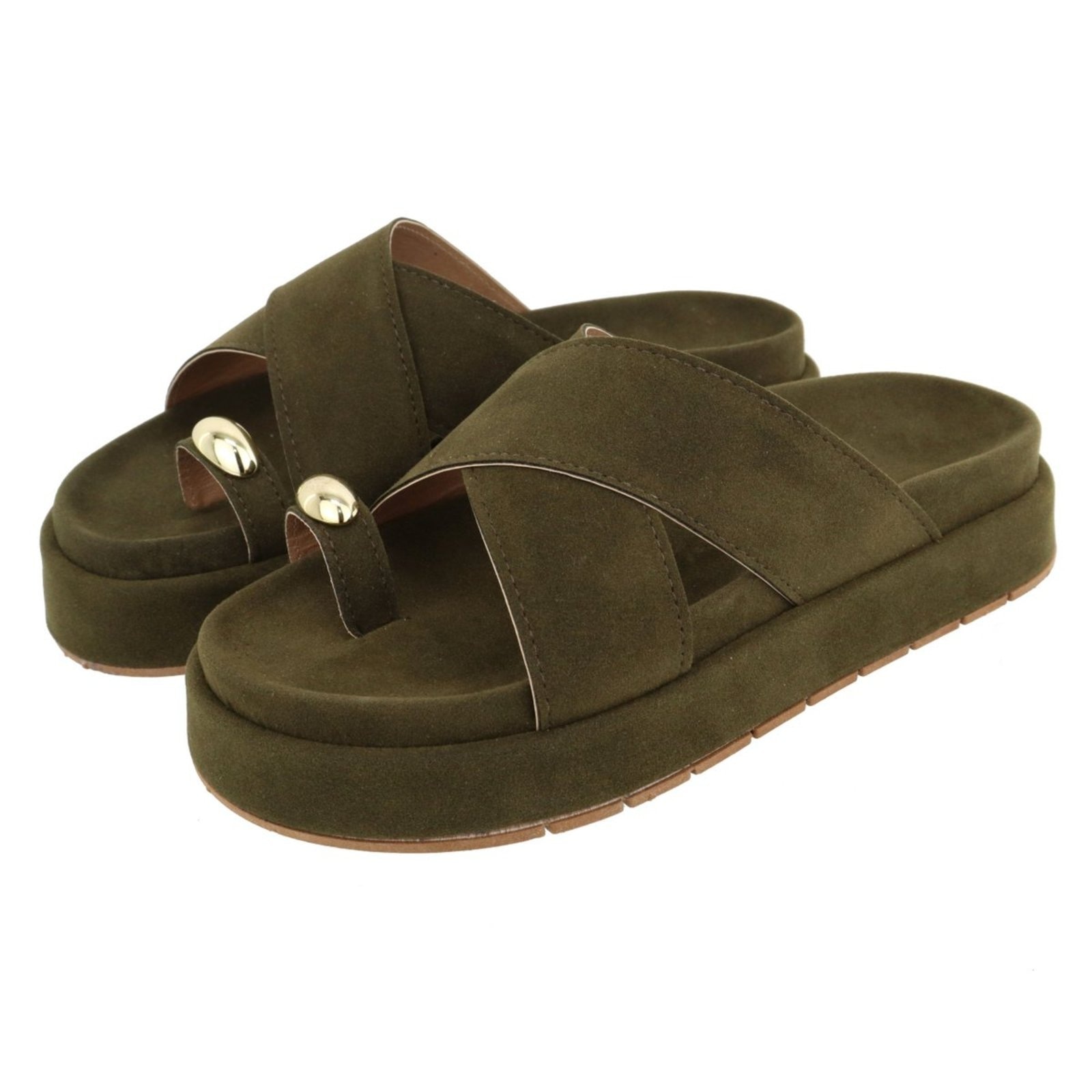 Imagem principal Sandália Papete Feminina em X Plataforma Sola Alta Camurça Verde Musgo TELLINI STORE marrom verde