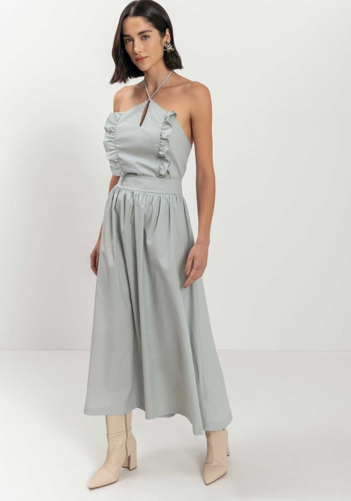 Saia Chá Com Cintura Alta Em Tafetá De Algodão