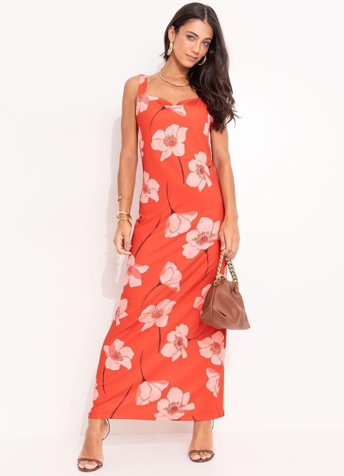 Imagem principal Vestido Longo Malha Fria Flores Colorido Quintess vermelho