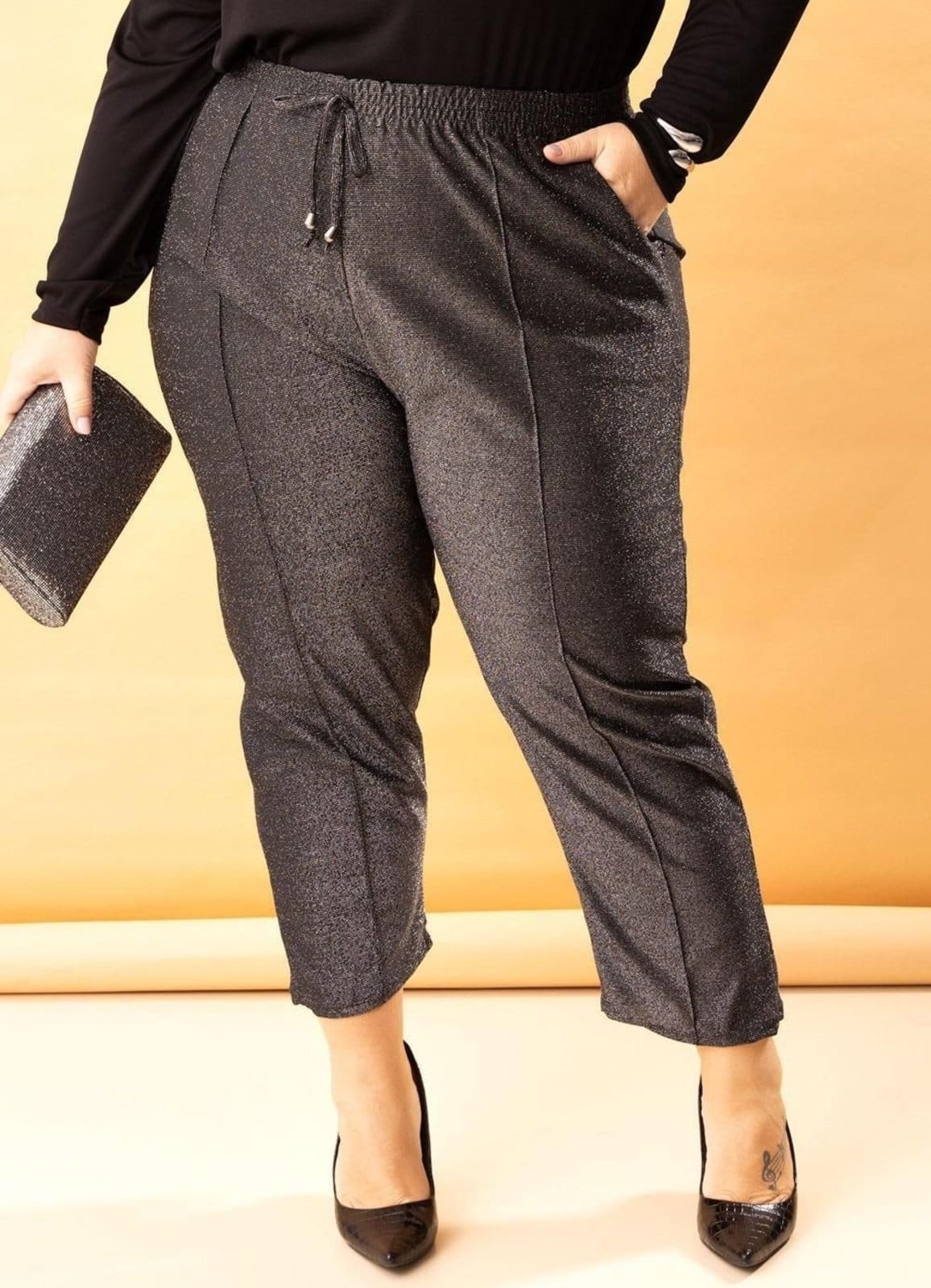 Calça Em Malha Com Lurex Preta