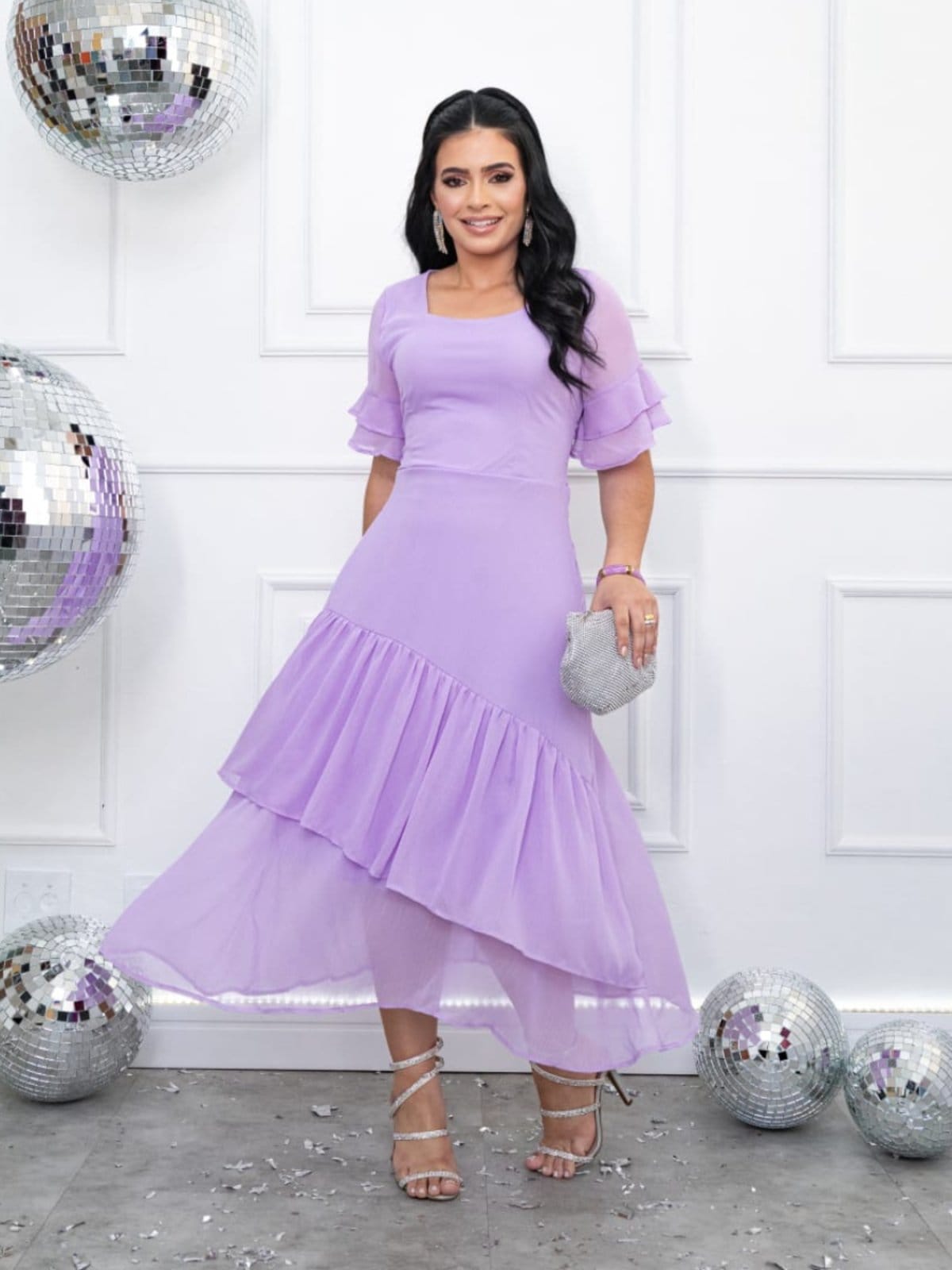 Vestido de Festa Casamento Social Midi com Babado e Elástico Verão Lilás