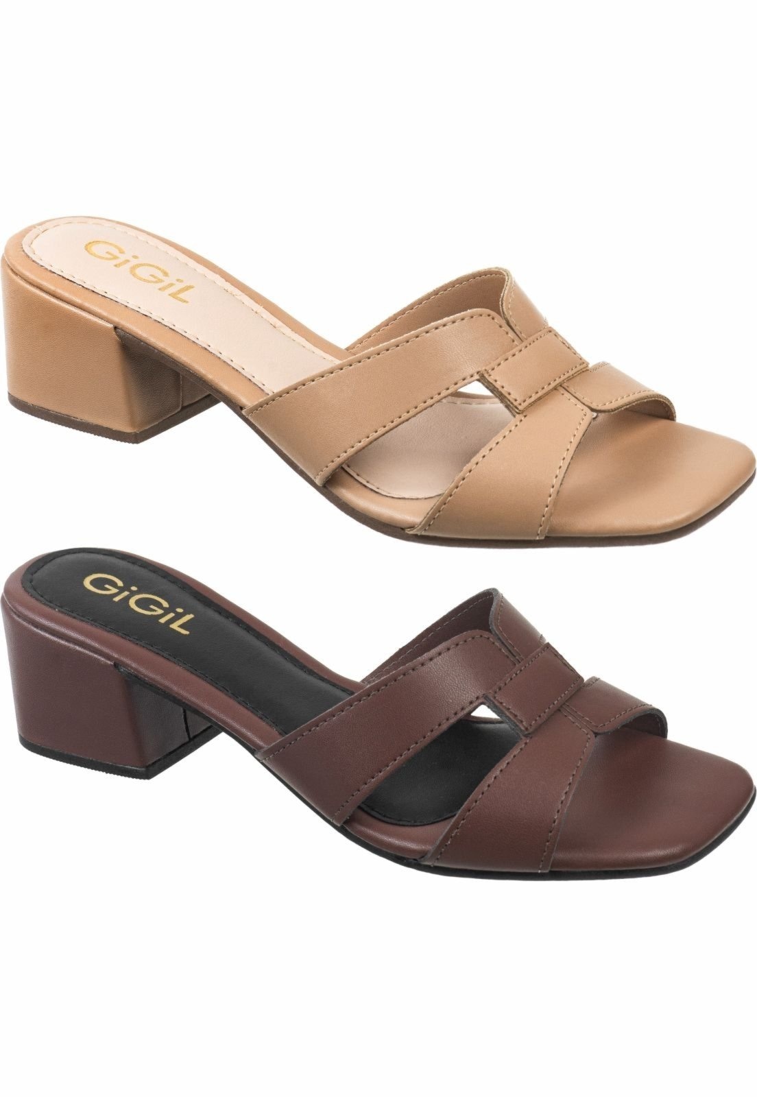 Imagem principal Kit 2 Pares Sandália Tamanco Feminimo GiGiL Tiras H Salto Bloco Bico Quadrado Palha/Terra Gigil bege/marrom