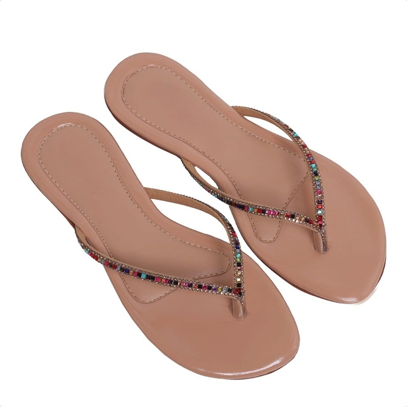 Rasteirinha Chinelo Feminino Nude Bege Verniz Tira De strass Brilho 34 ao Carmelo Shoes Casual Festa Praia Verão Moda