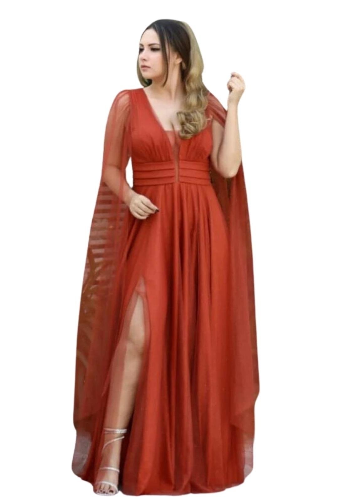 Imagem principal Vestido Longo De Festa Micro Tule Decote em V Com Brilho Mangas Longas e Soltas Caroline Terracota Cia do Vestido marrom