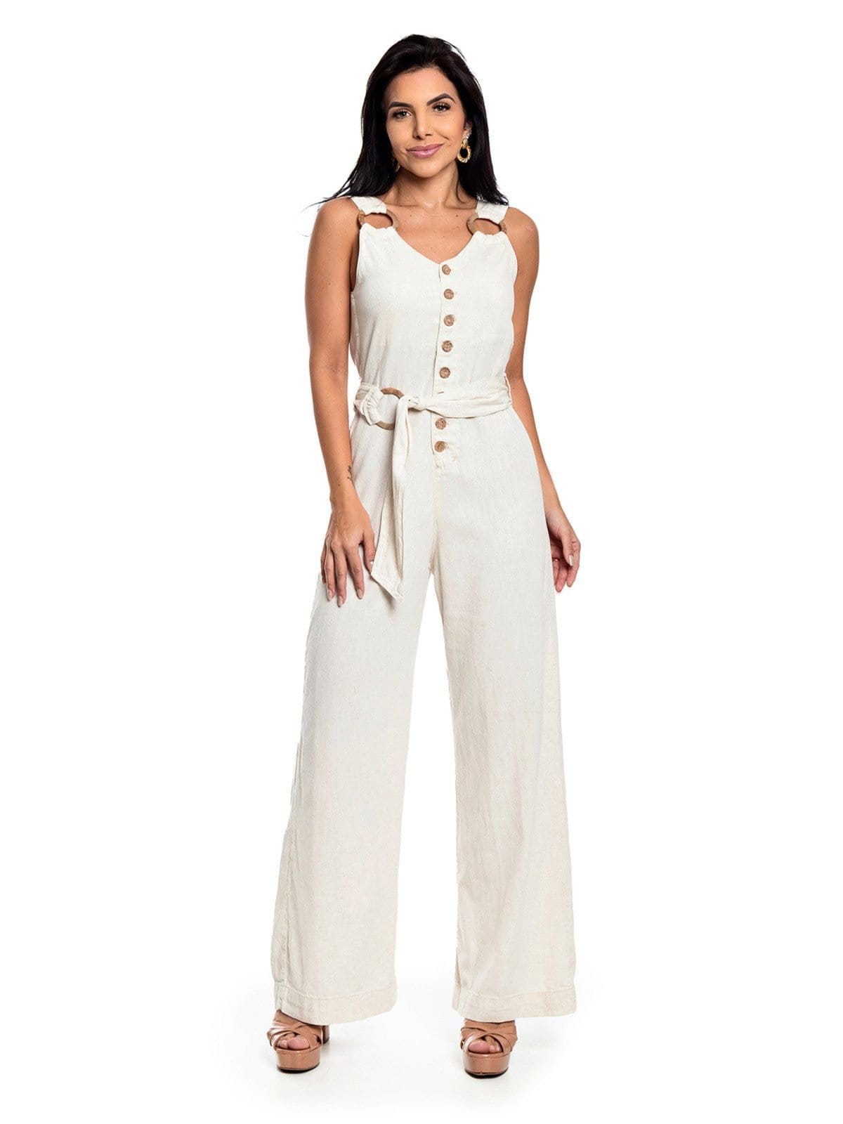 Macacão Restrito Jeans Pantalona de Linho Natural - BEGE