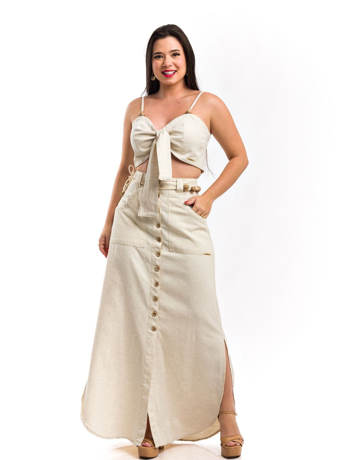 Imagem principal Conjunto Restrito Jeans Saia Longa E Cropped De Linho Restrito Jeans bege