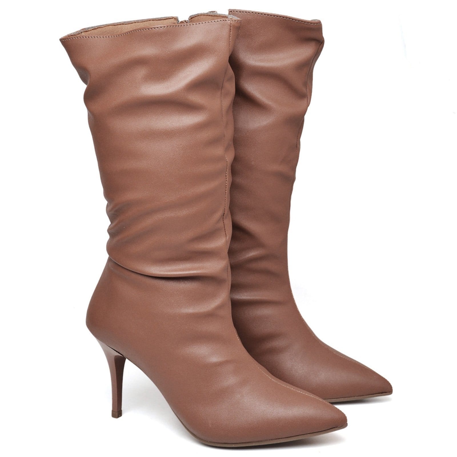 Bota Feminina Cano Médio Enrugado Salto Fino Médio Napa