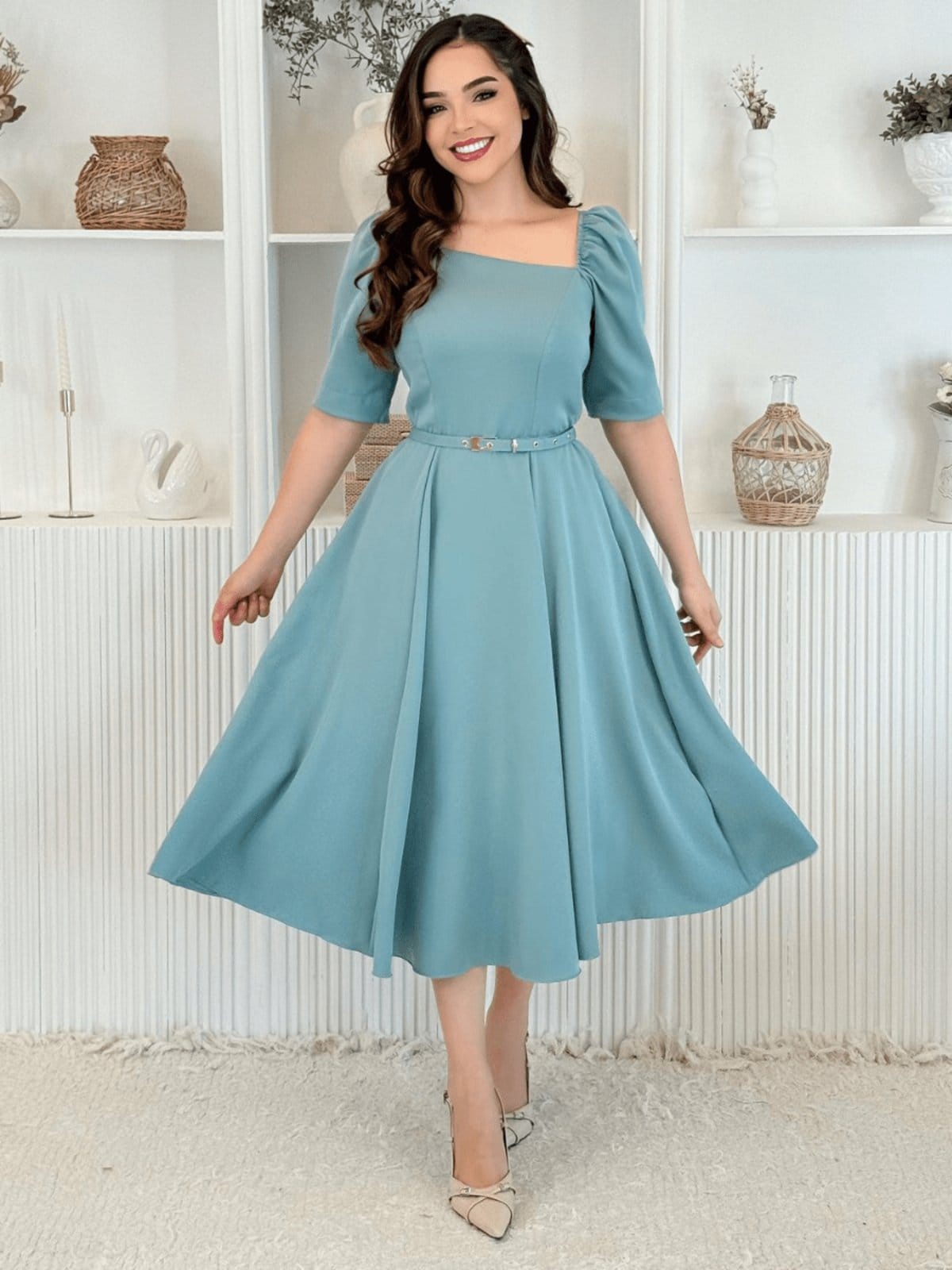 Vestido Midi Social Elegante Decote Quadrado Assimétrico de Festa Convidada