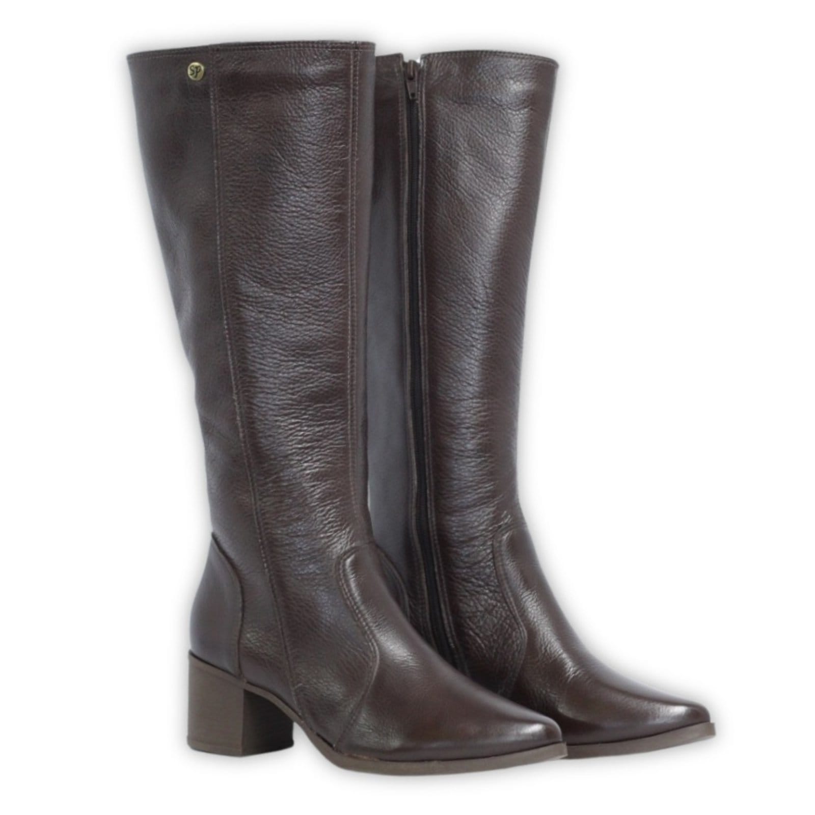 Bota Cano Longo Couro Salto Salto 4 CM Bico Fino Chocolate