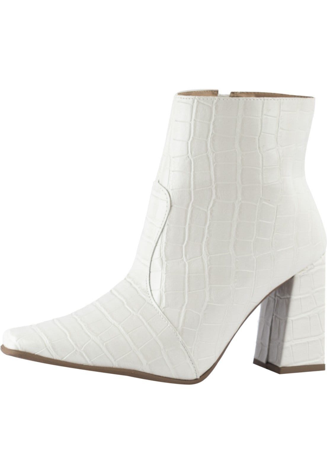 Bota Feminina Bico Fino Lumiss Salto Alto Grosso Cano Curto Confortável Croco Off White