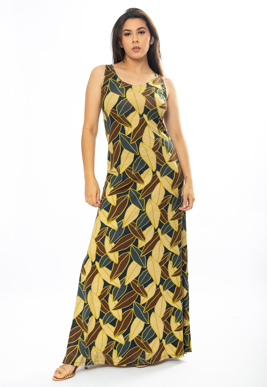 Imagem principal Vestido Longo Cabanafree Butiá Malha Regata Estampa Folhas de Outono Cabanafree estampado/marrom