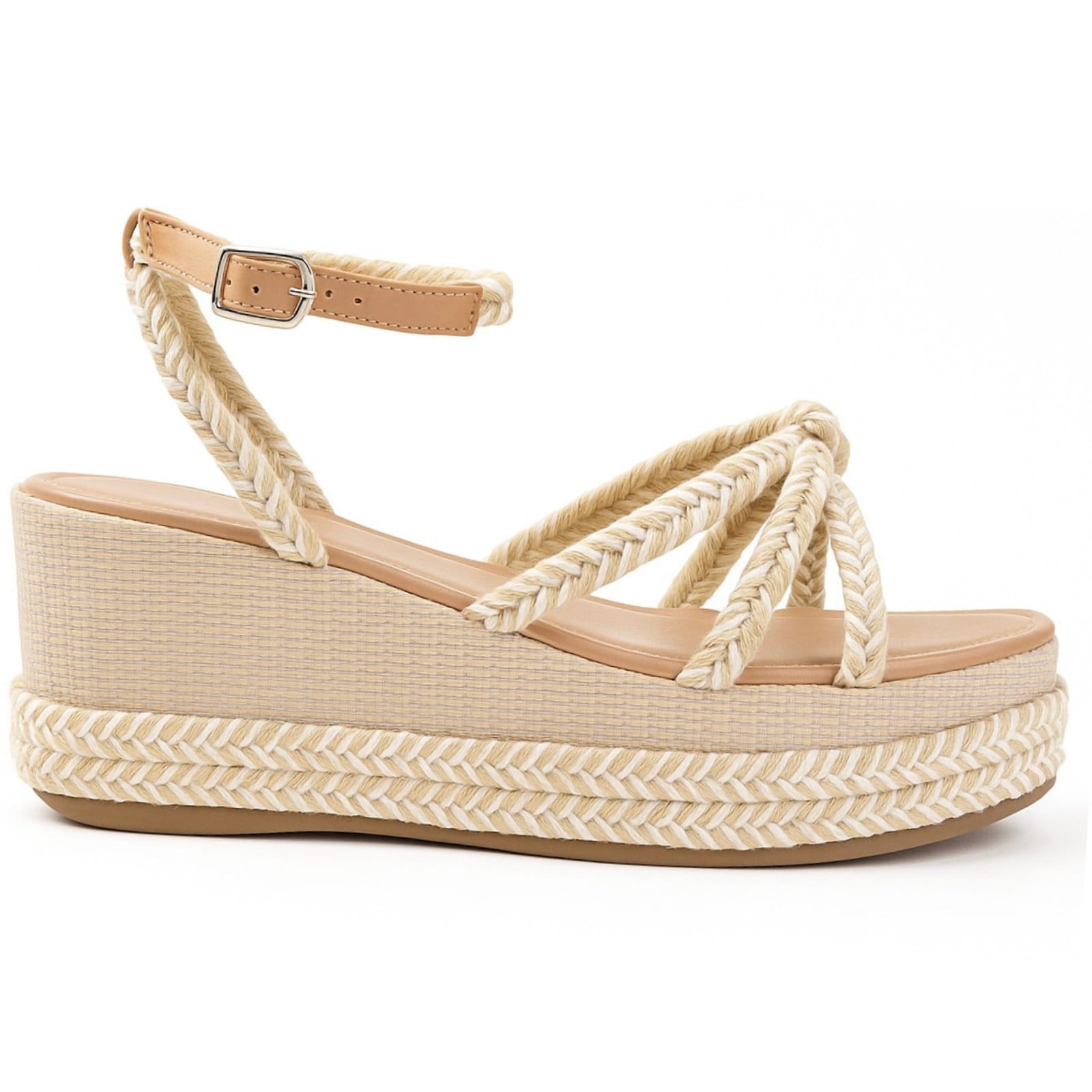 Sandália Anabela Plataforma Média Cordas Brilho Rafia Natural Nude 170421