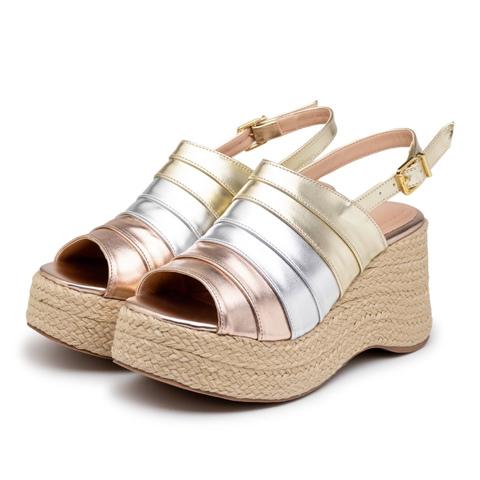 Sandália Anabela Feminina Salto Plataforma em Corda 9200 Mix Metalizados
