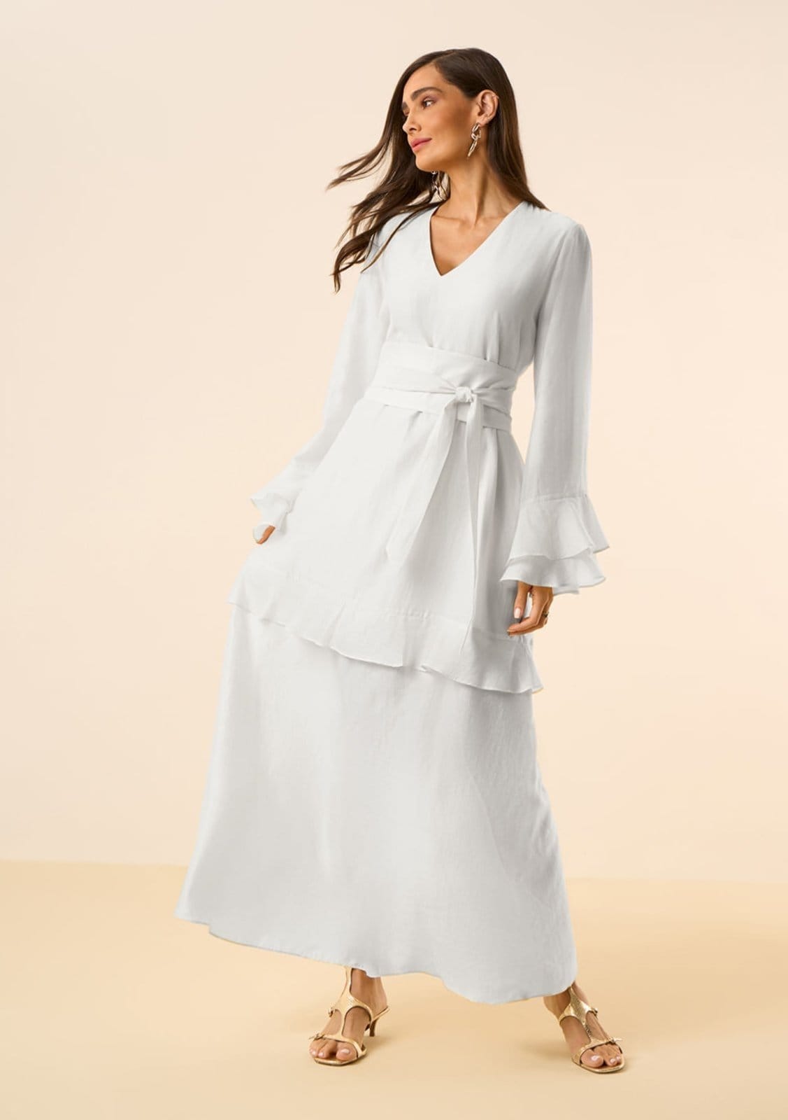 Vestido Maria Valentina Solto Decote V Manga Longa Longo