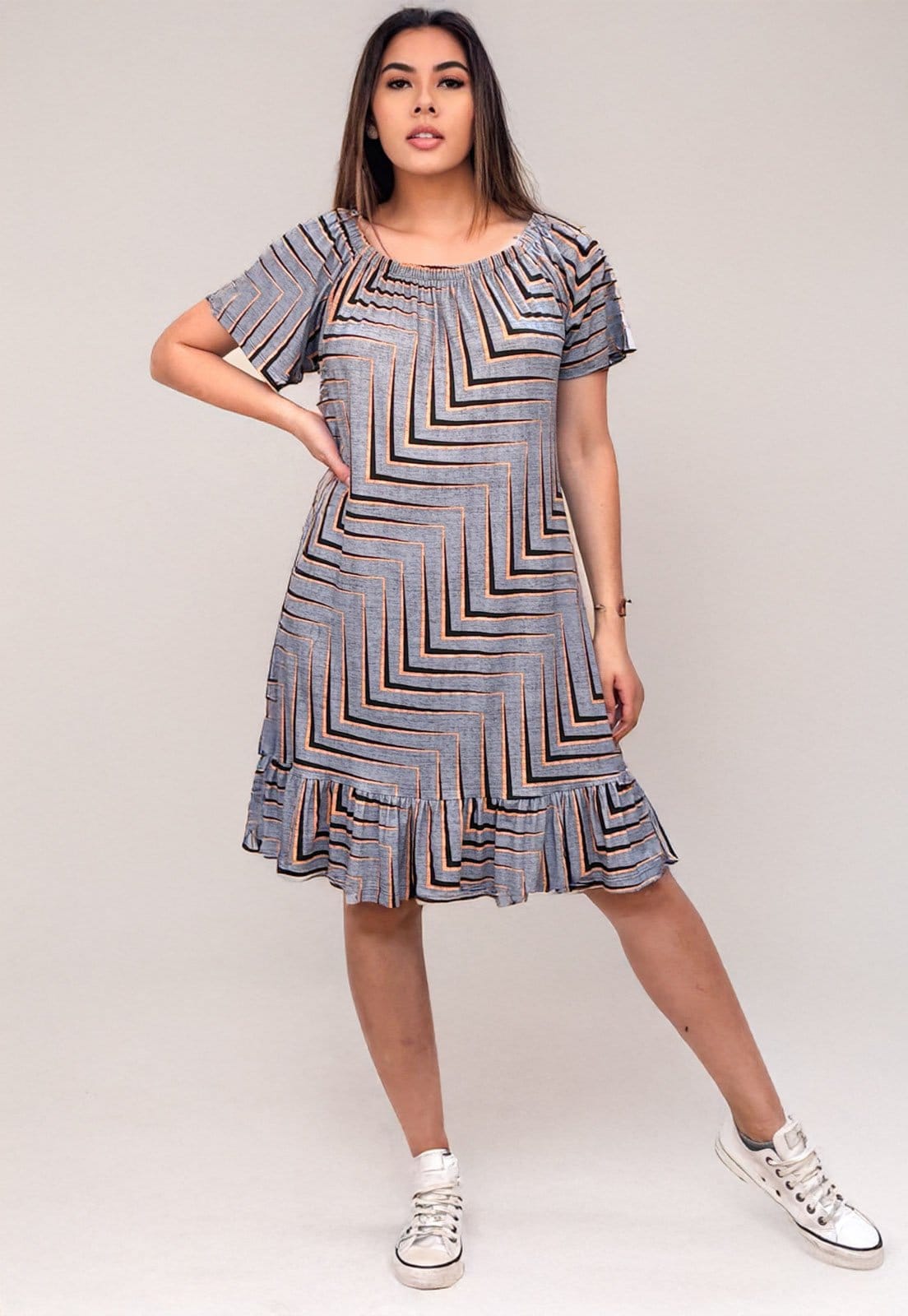 Vestido Curto Cabafree Malha Mullet Ombro a Ombro Amplo Estampa Murici