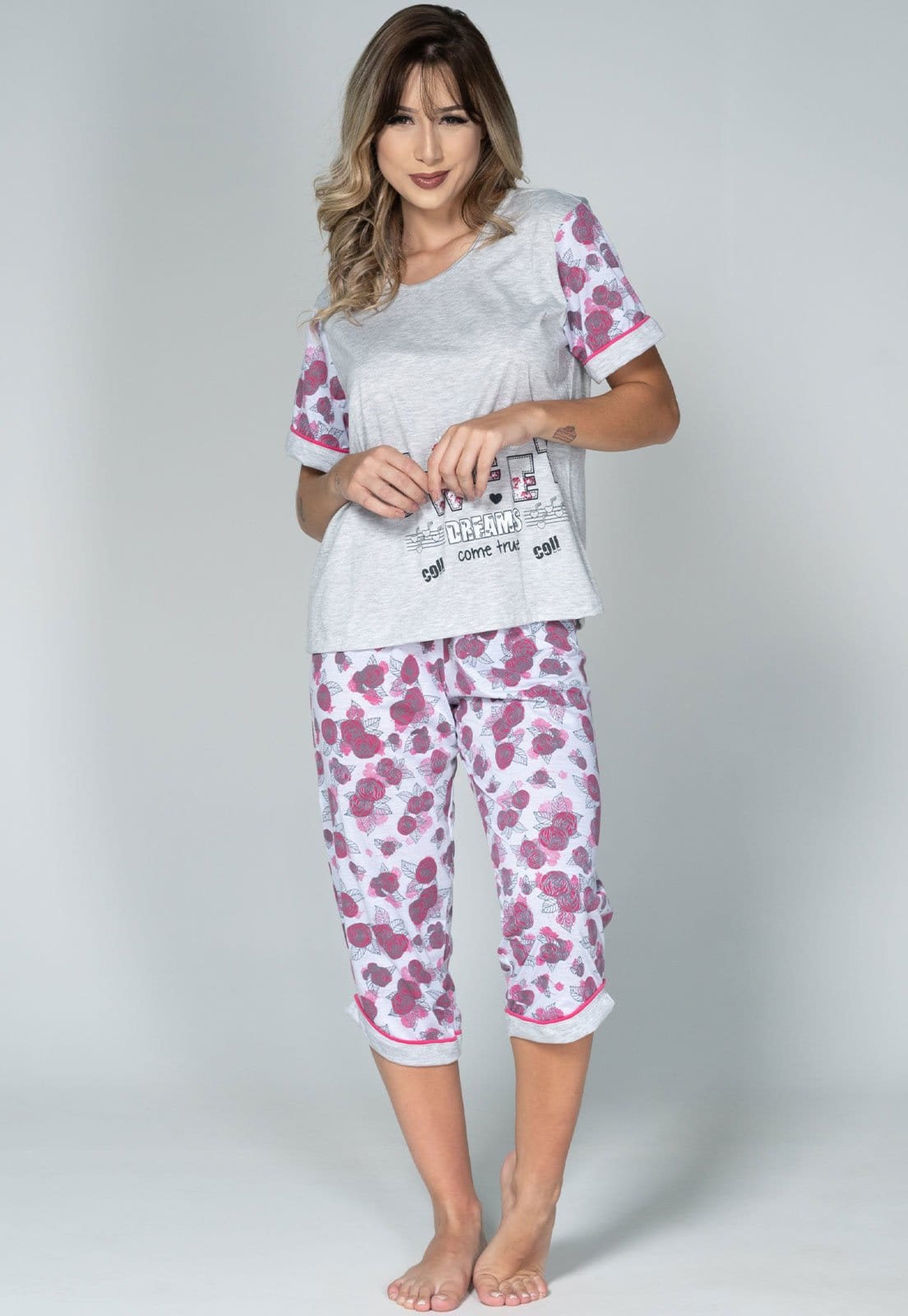 Pijama Feminino Serra e Mar Modas Manga Curta Pescador Cinza