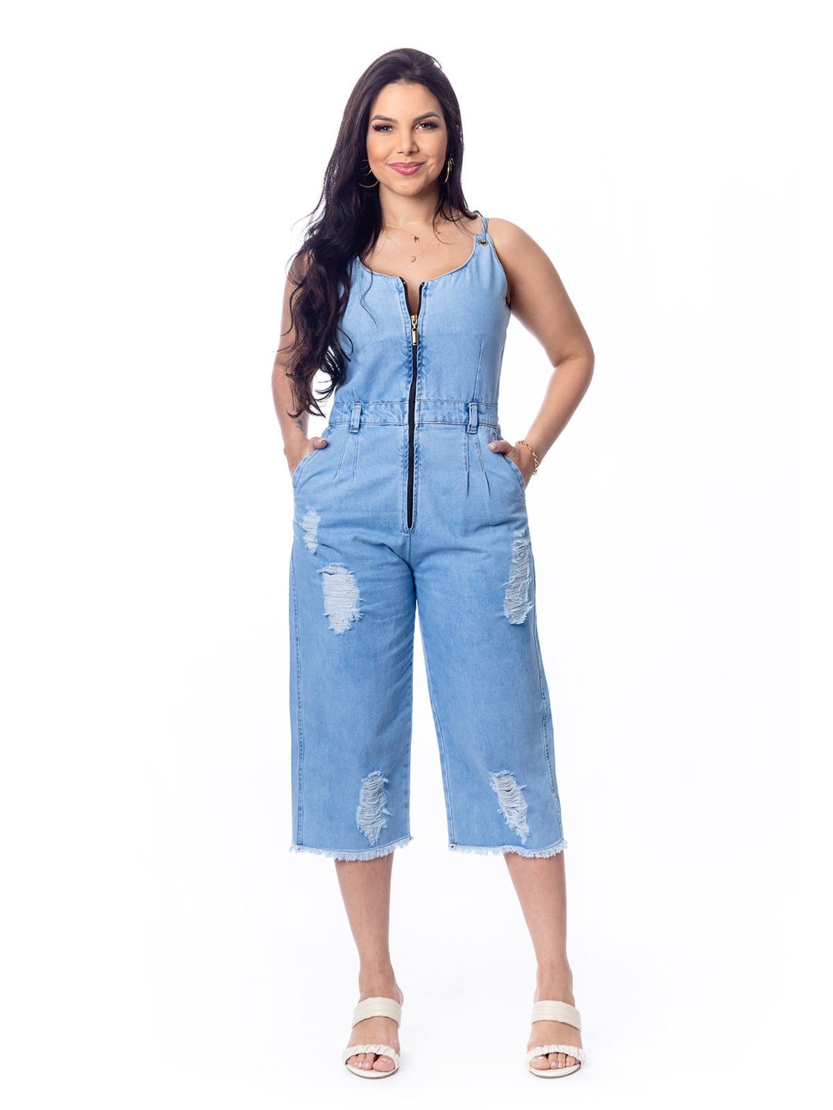 Macacão Pantacourt Restrito Jeans Pantacourt Com Zíper