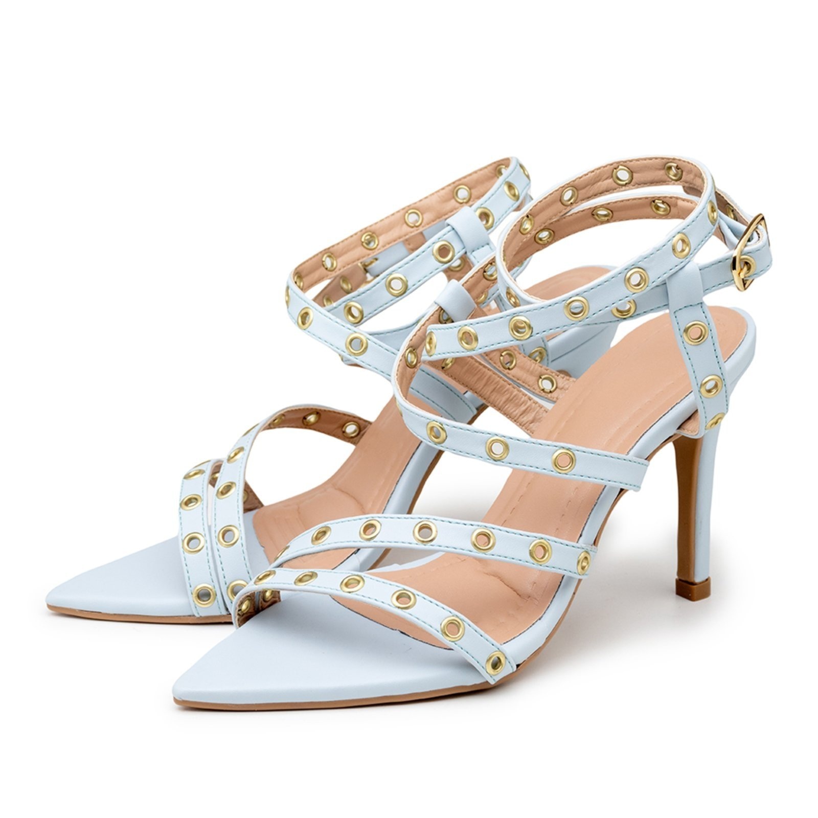 Imagem principal Sandália Social Feminina Bico Fino Salto Alto Fino Ilhós 6019 Claro Flor da Pele azul