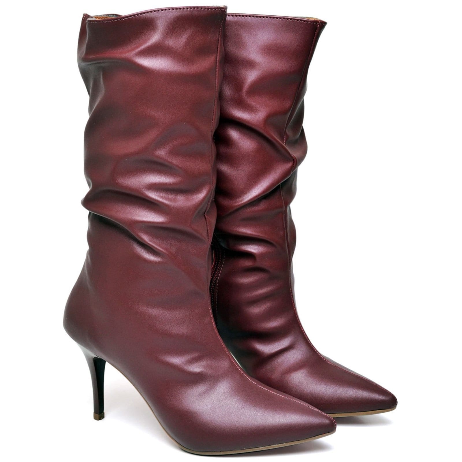 Bota Feminina Cano Médio Enrugado Salto Fino Médio Napa Marsala