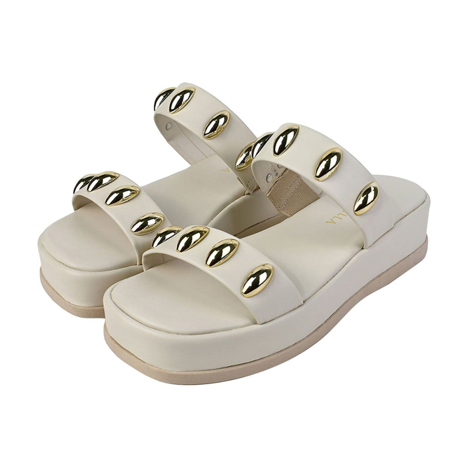 Sandália Feminina Donatella Shoes Flatform Tamanco Plataforma Com Aplicação Dourada Duas Tiras Casual Off White
