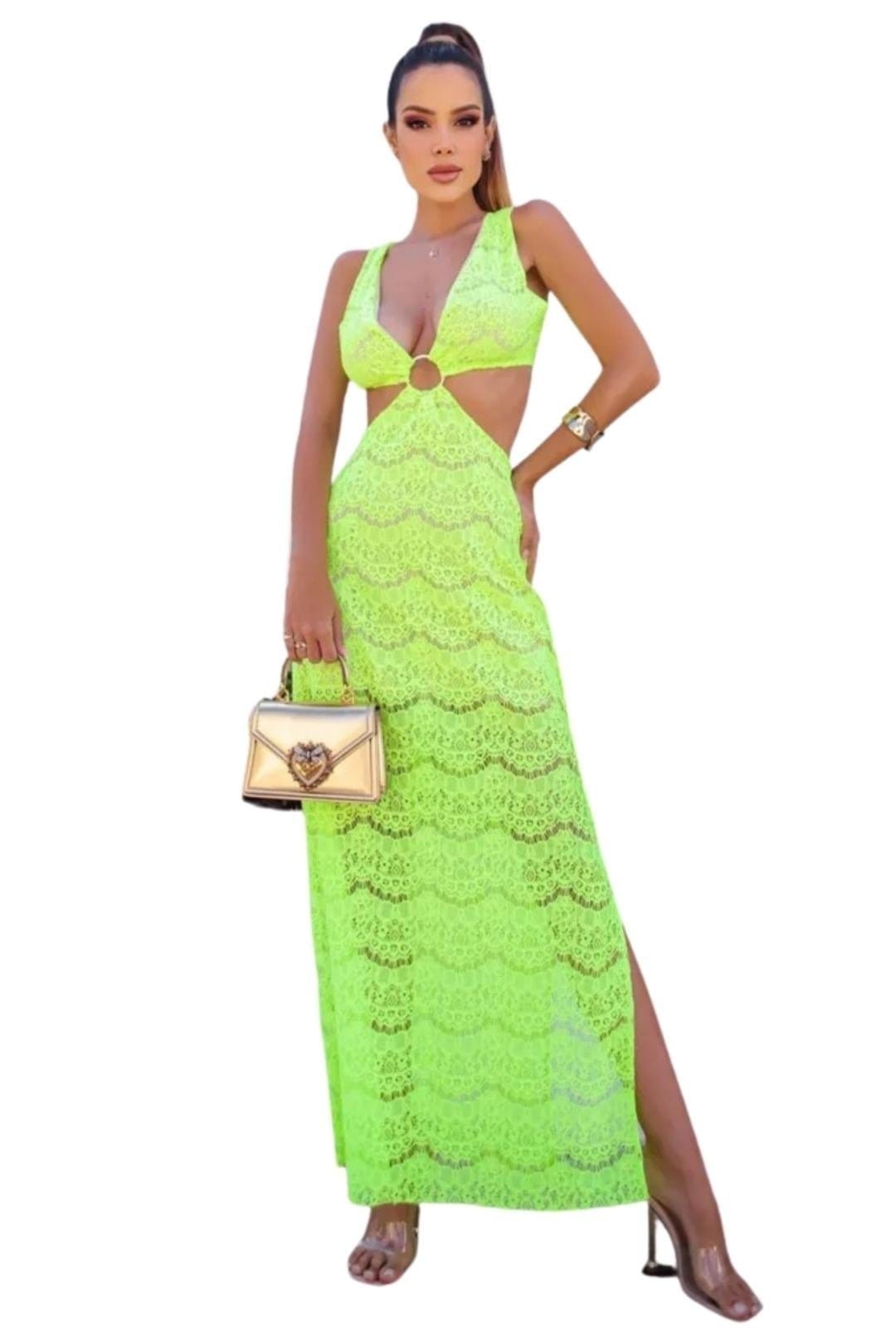 Vestido Nina Fenda Renda Abertura Verde Lima Neon