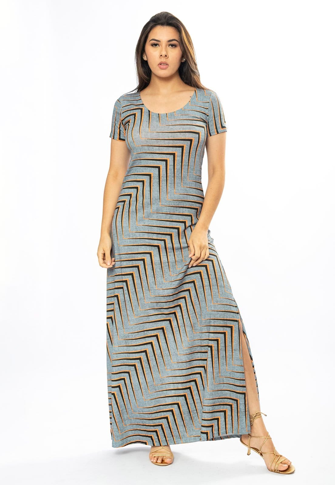 Vestido Longo Cabanafree Malha Gola Canoa Manga Curta Estampa Murici