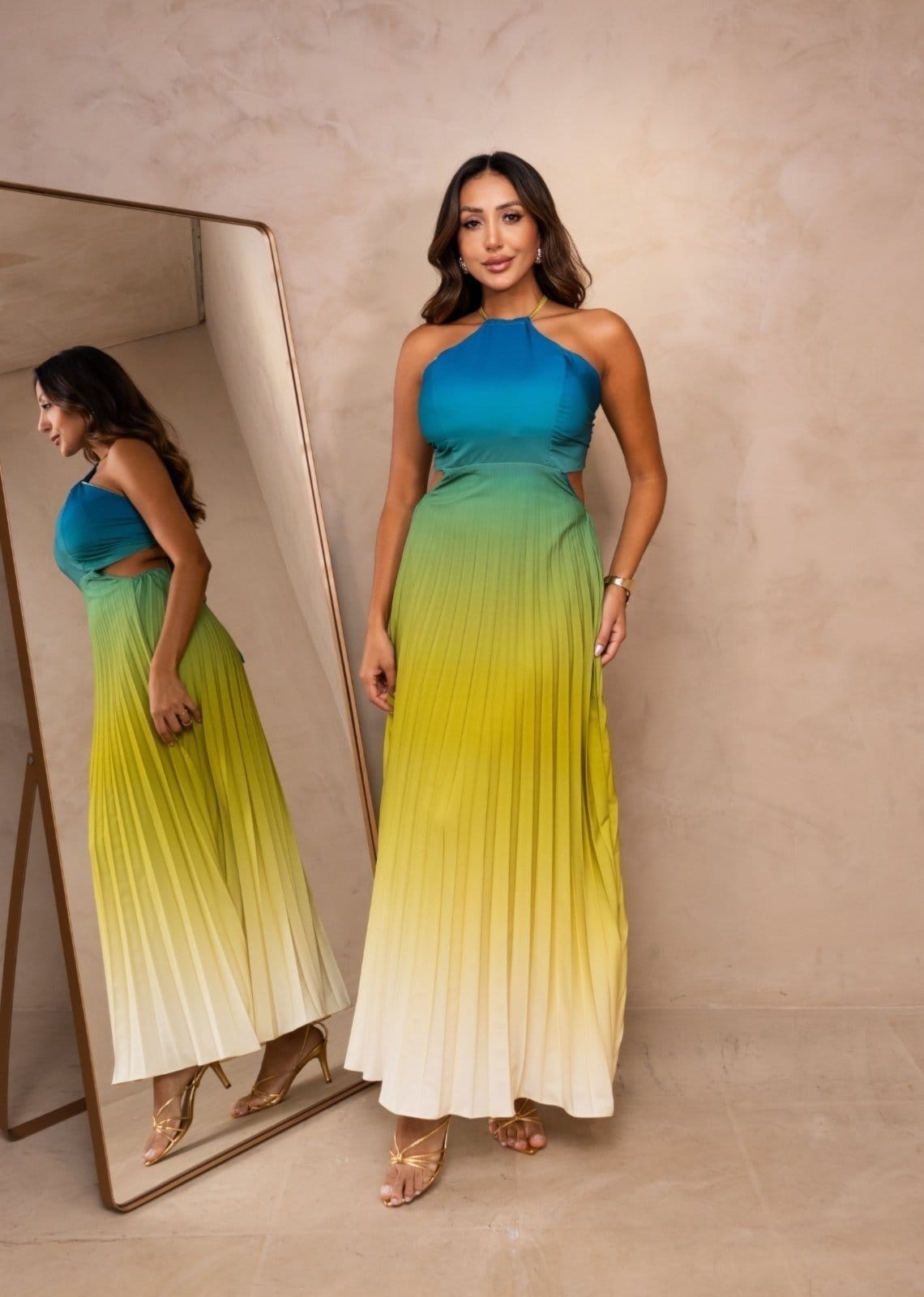 Vestido Midi Plissado Verão Frente Única Degradê Maretty