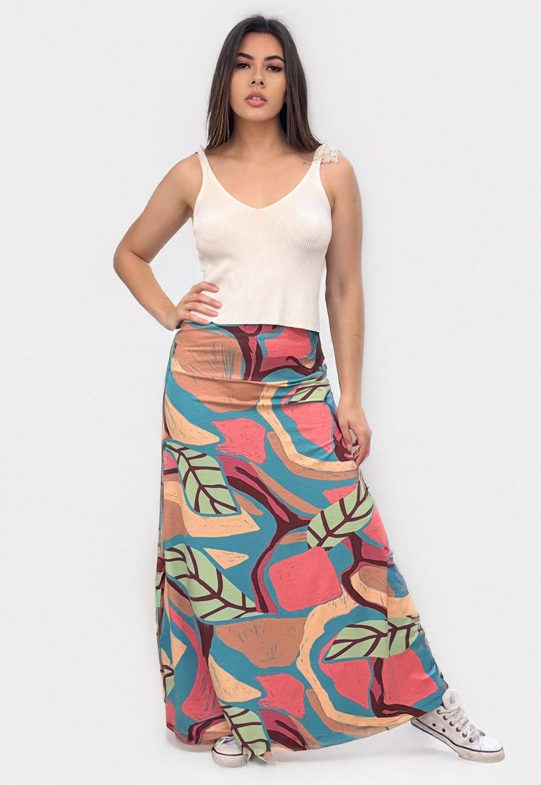 Saia Longa Cabanafree Malha SAZ Estampa Folhagem Rose