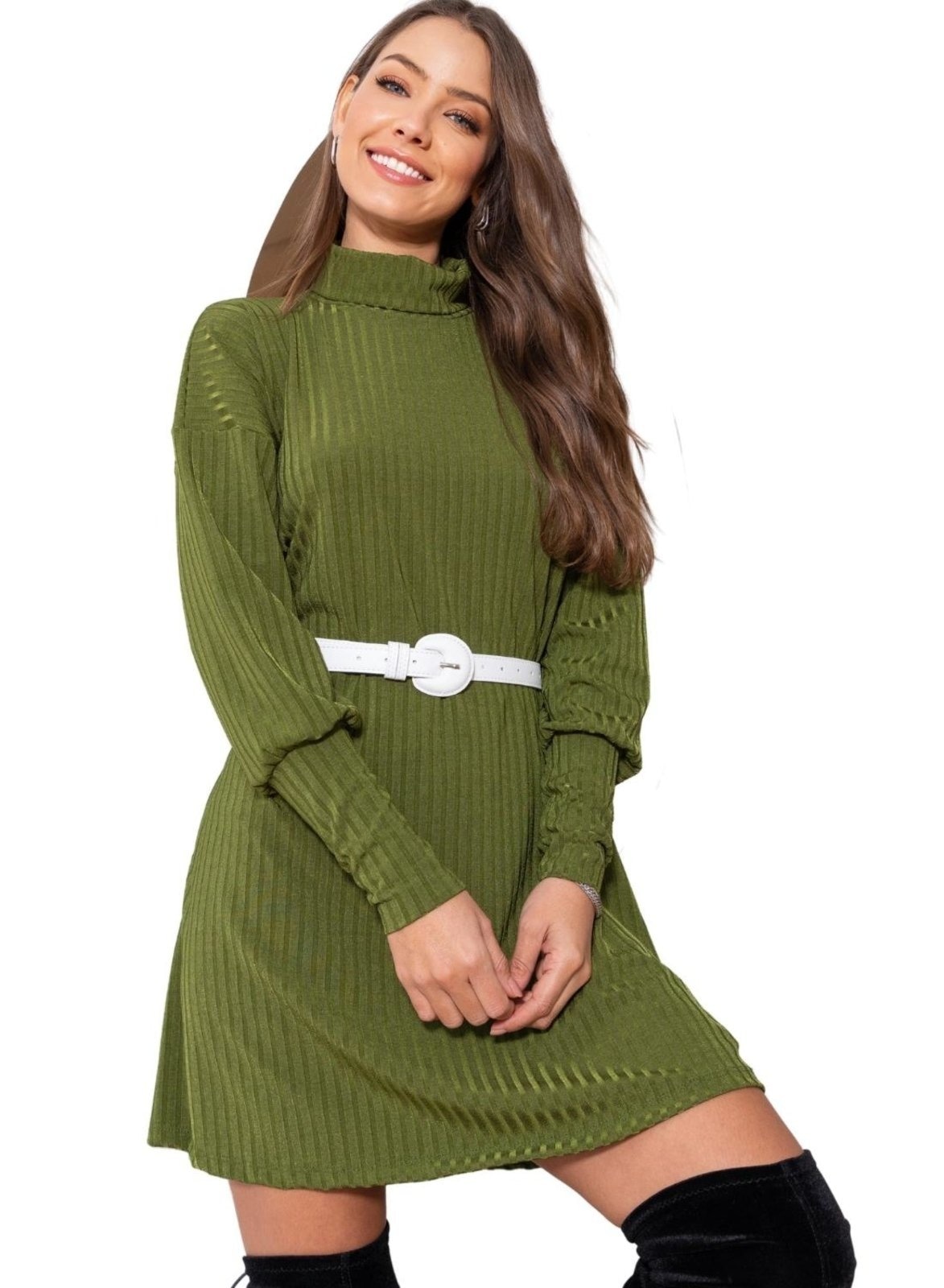 Imagem principal Vestido Curto Manga Longa Gola Alta Canelado Premium Cia do Vestido verde/verde militar/verde oliva verde